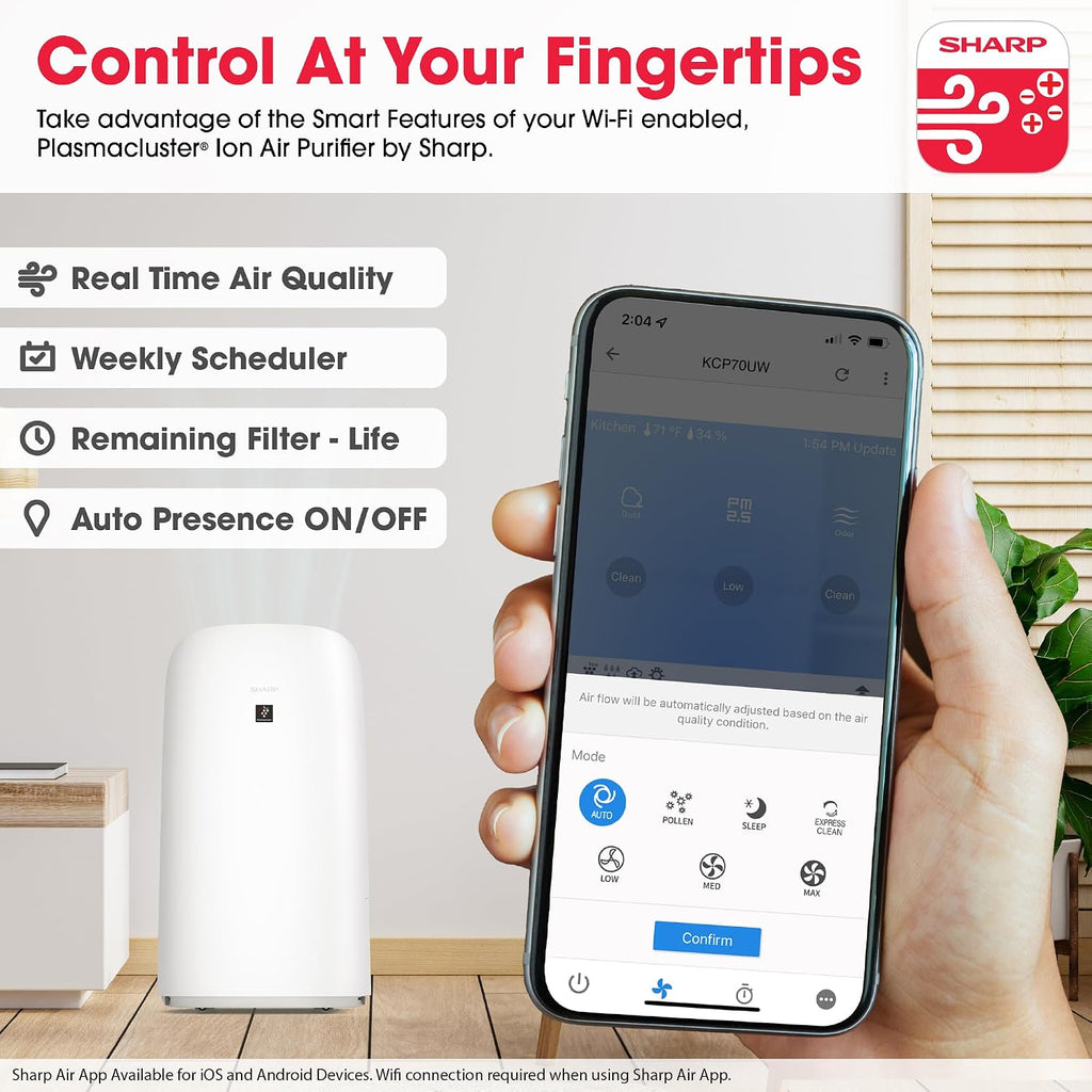 SHARP Smart Air Purifier with Humidifier Combo – Covers up to 1,913 sqft in one hour, Compatible w/Alexa & Google Asst. Energy Star 3.0, True HEPA Filter for Large Room, Bedroom - KCP70UW