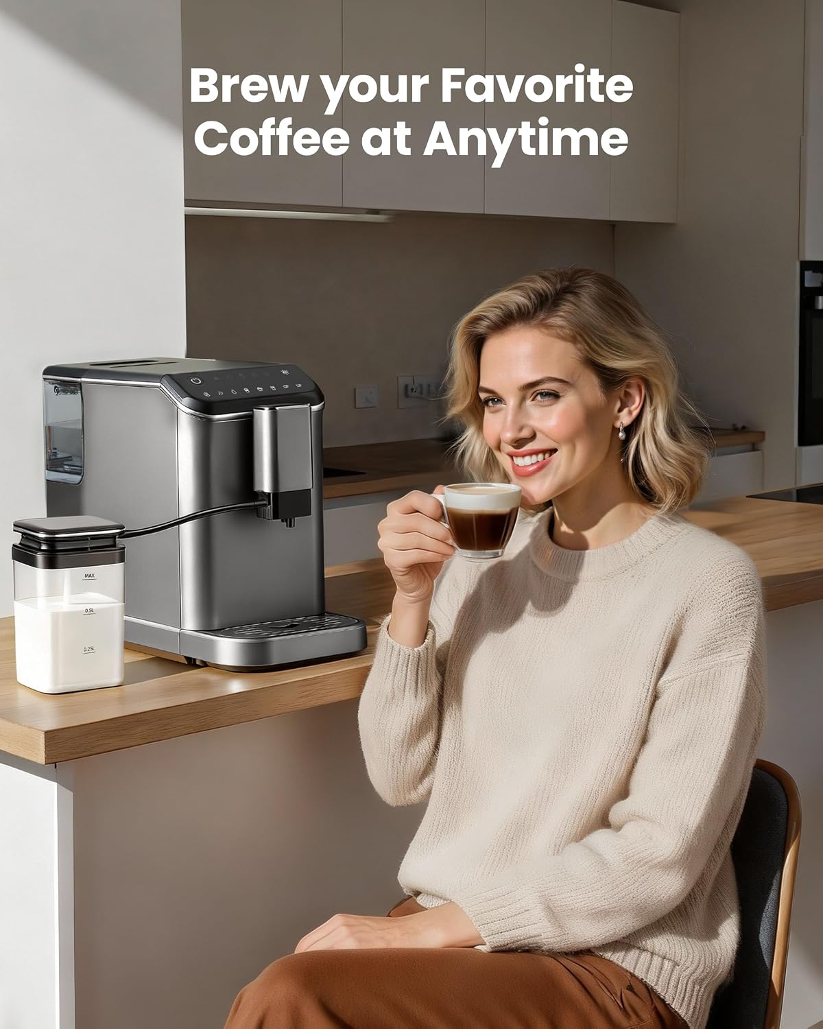 Automatic Espresso Machine, 20 Bar Espresso Maker with Touch Control, 15-Grind Settings Super Automatic Coffee Machine with Integrated Milk Frother, Auto Self-Cleaning