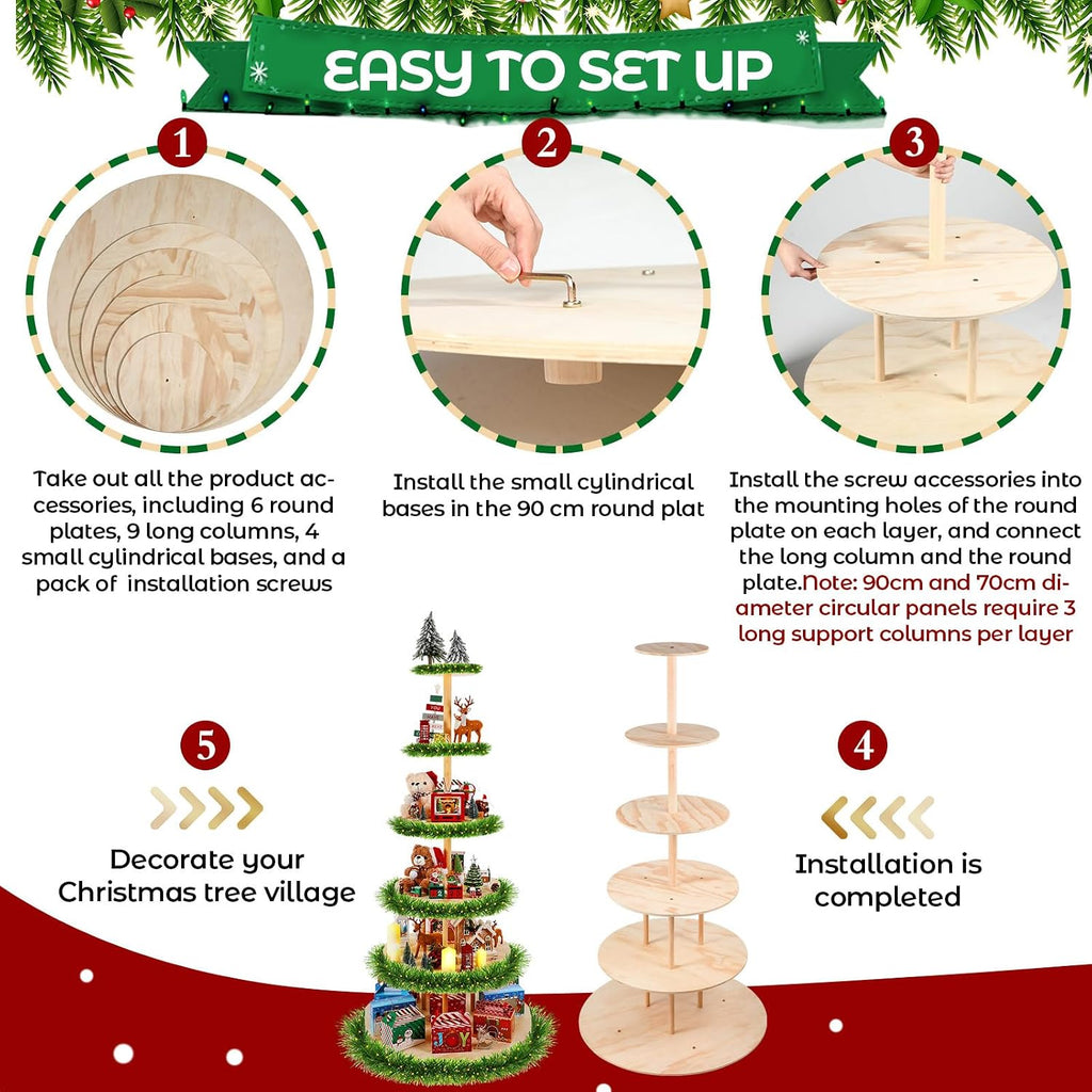 DoubleFill 6 Tier 72 Inch Christmas Tree Village Stand Christmas Bookshelf Display Supply Large Xmas Ornament Displays Tree Stands Xmas Wooden Display Trees Stand for Holiday Displays(Circle)