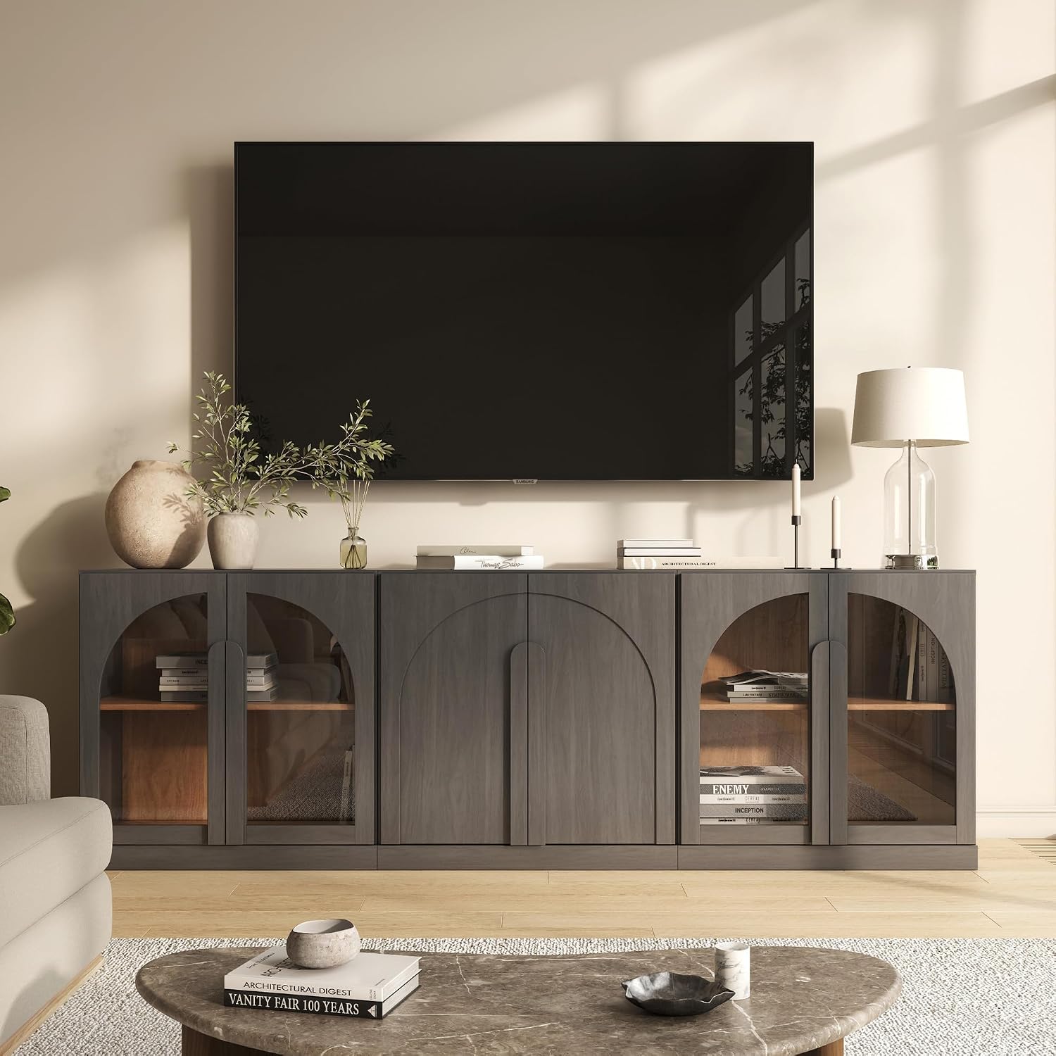 BELLEZE Modular Cabinet 3-Piece Set Sideboard, Modern Wood Buffet Arched Cabinet and 2 Display Glass Door Storage, Freely Configurable Credenza Console for Living Room Kitchen, Ebony