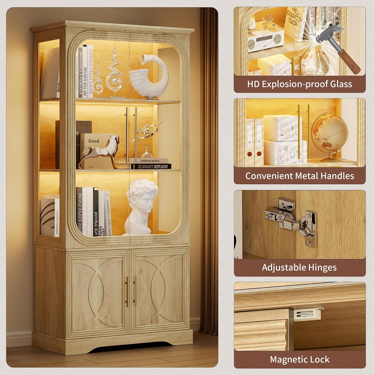 2pc Wood Display Cabinet with Glass Doors, 69' Tall Curio Cabinet with LED Lights, Glass Display Case with Storage and 3 Shelves for Living Room, (Oak-2)