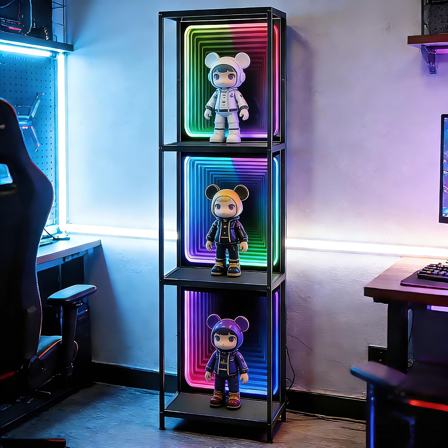 FUSLITE 3 Tier Storage Cabinet with LED Infinity Mirror Light, RGBW Display Cabinet with Adjustable Color Temp for Bedroom Office Gaming Room Decor,Action Figures, Collectibles, Black