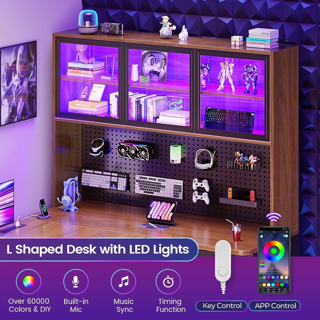 SEDETA L Shaped Office Desk, Computer Desk with 3 Wood Drawer and Large Bookshelf, L Shaped Corner Gaming Desk with LED Light, Display Cabinet and Pegboard, 27.5' W Large Desktop Table, Brown