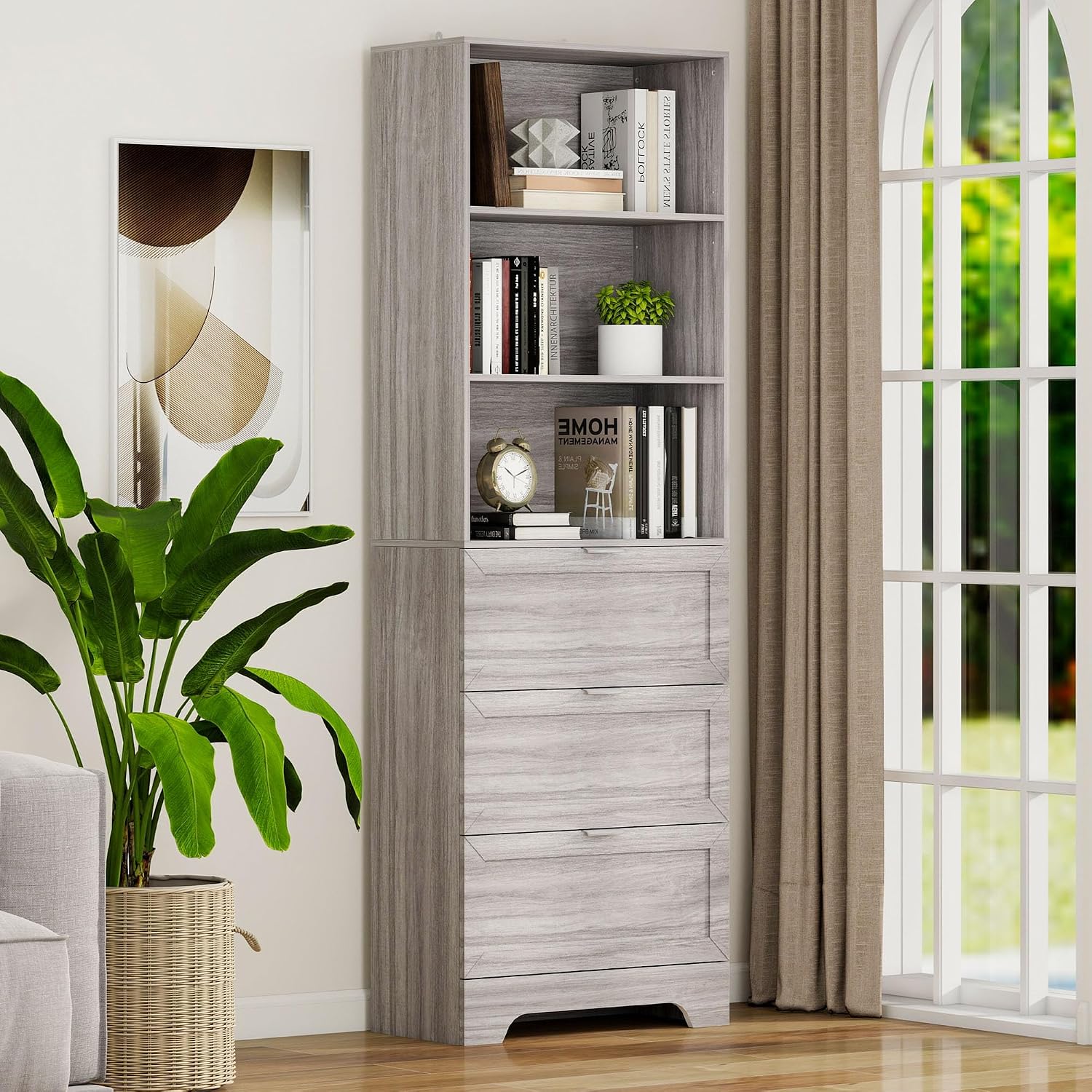 FTZxHKLX 71'' Tall Bookshelf with Drawers,6 Tier Wooden Bookcase Storage Organizer,Freestanding Display Cabinet with Adjustable Shelves for Living Room, Bedroom, Kitchen, Home Office, Wash Grey