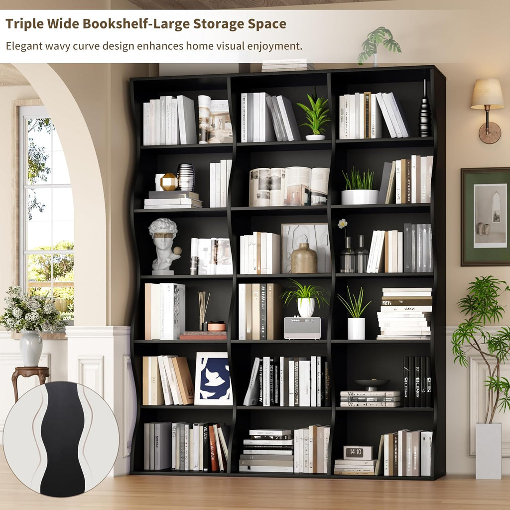 Gyfimoie 71' Triple Wide Bookshelf, 6 Tier Tall Bookcase with Storage, Large Book Shelves with 18 Open Display Shelves, Black Bookcase for Living Room, Study, Home Office, Library (Black)