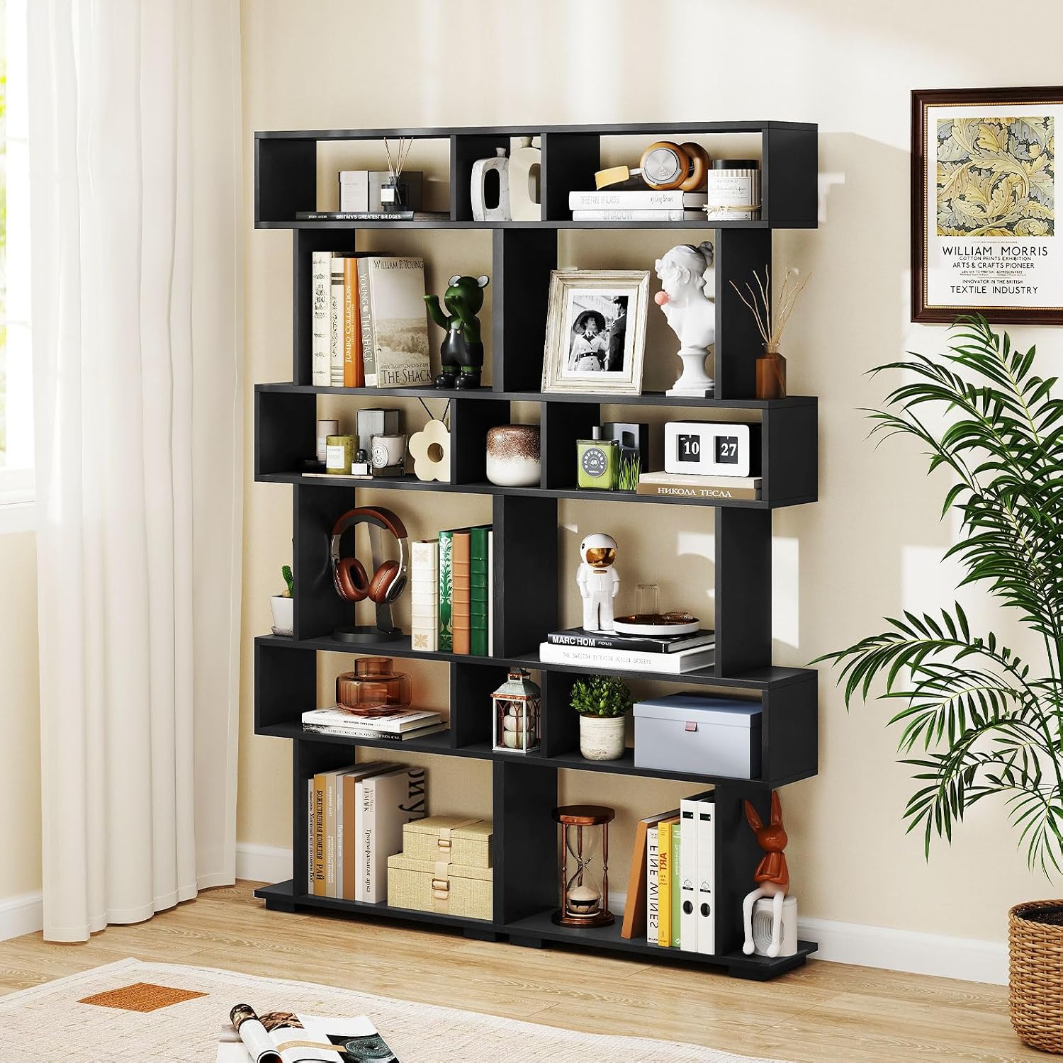 Giantex 6-Tier Geometric Bookshelves Set of 2, S-Shaped Bookcase with 2 Anti-Tipping Kits, Wooden Display Shelf, Decorative Storage Shelving Unit, Home Storage Organizer for Office Living Room, Black