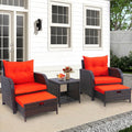 5 Pieces Wicker Patio Chairs Set with Ottomans, Orange Cushioned Lounge Chairs Set of 2 with Ottoman, PE Rattan Outdoor Furniture with Ottoman Set for Balcony Porch