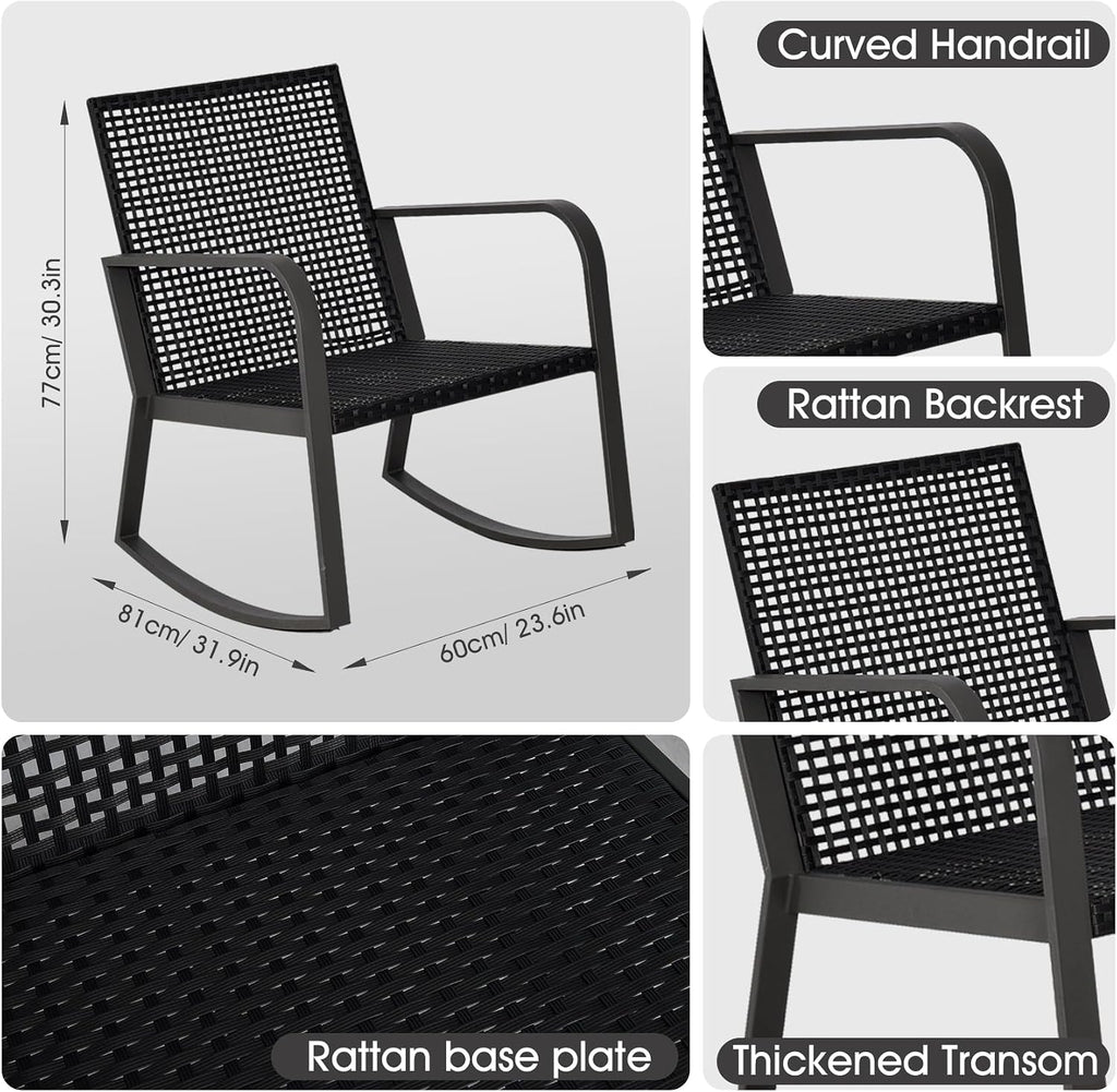 Bistro 3 Piece Patio Furniture Set, Patio Table and Rattan Outdoor Rocking Chairs Set of 2, Outdoor Bistro Conversation Set for Garden, Balcony, Poolside, Backyard, Blue