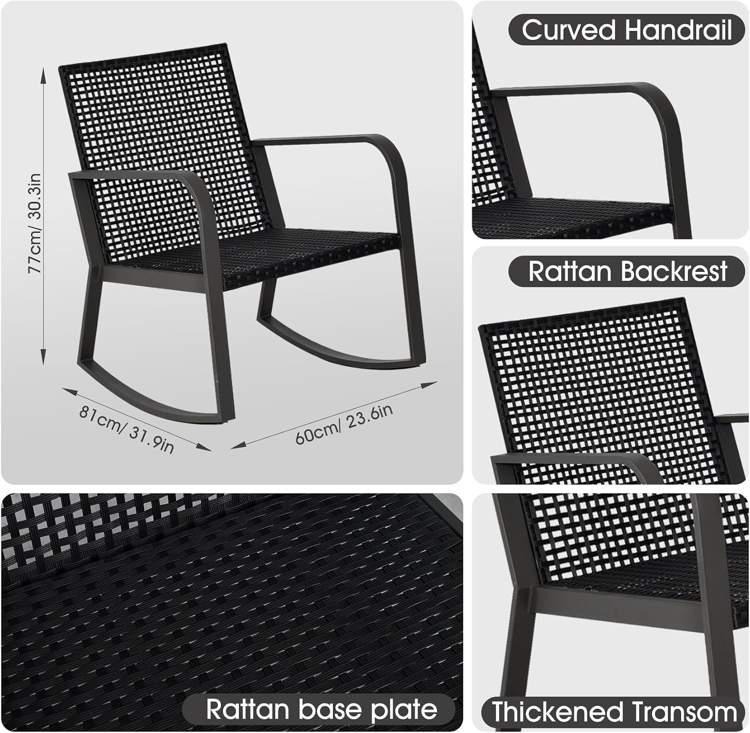 Bistro 3 Piece Patio Furniture Set, Patio Table and Rattan Outdoor Rocking Chairs Set of 2, Outdoor Bistro Conversation Set for Garden, Balcony, Poolside, Backyard, Blue