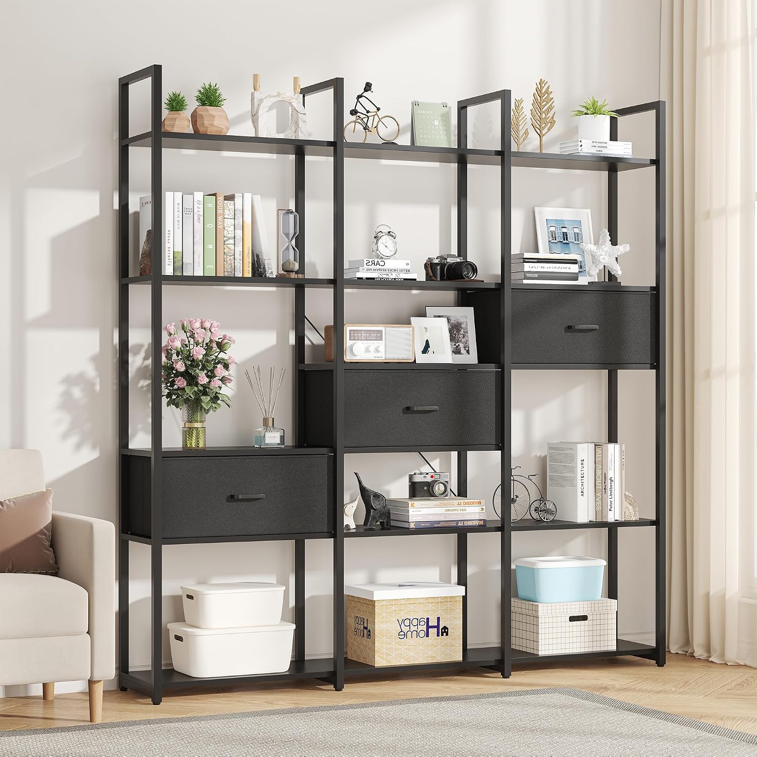 Nosepen 73.6' Tall Bookshelf with 3 Drawers and 16 Storage Shelves, Industrial Bookcase with 16 Open Display Shelves, Large Etagere Bookshelf, Triple Wide Book Shelf Book Case for Home & Office, Black