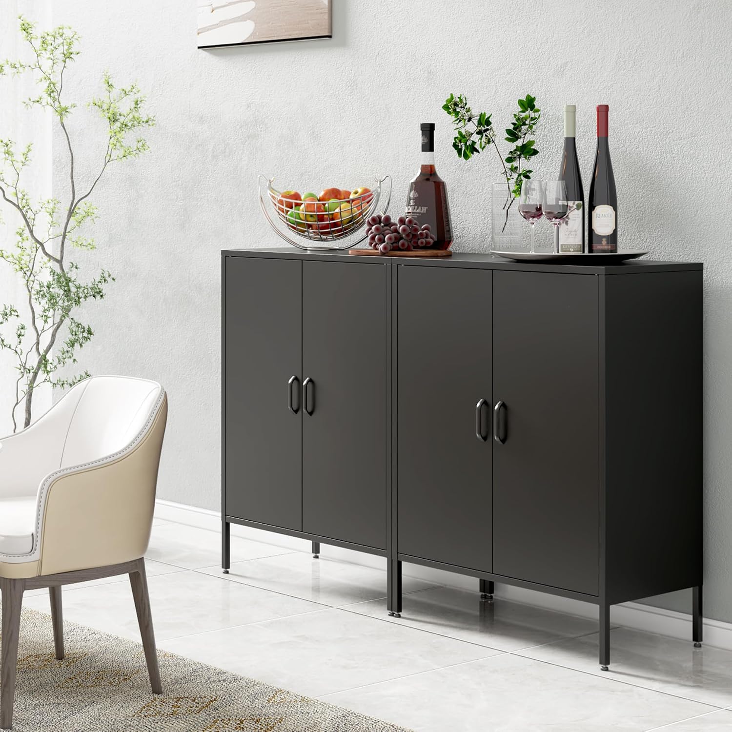 Bevivog Metal Locker Storage Cabinet, Home Office Metal Storage Cabinet Small Sideboard with 2 Doors and 2 Adjustable Shelves,40' Counter Cabinets for Office Garage Bathroom Living Room Hallway