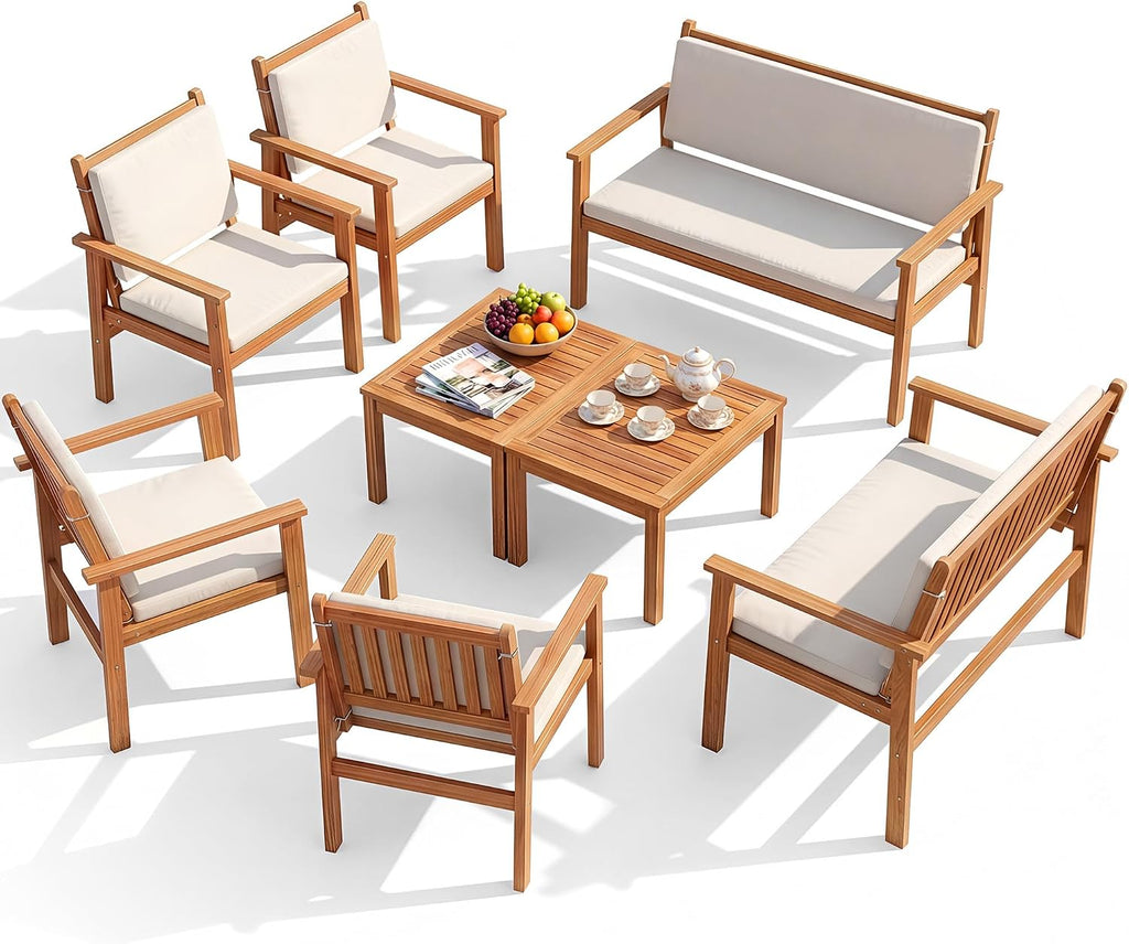 Devoko Patio Furniture Set 8 Pieces Acacia Wood Outdoor Furniture, Patio Set with Table & Cushions for Garden, Deck, Backyard, Natural