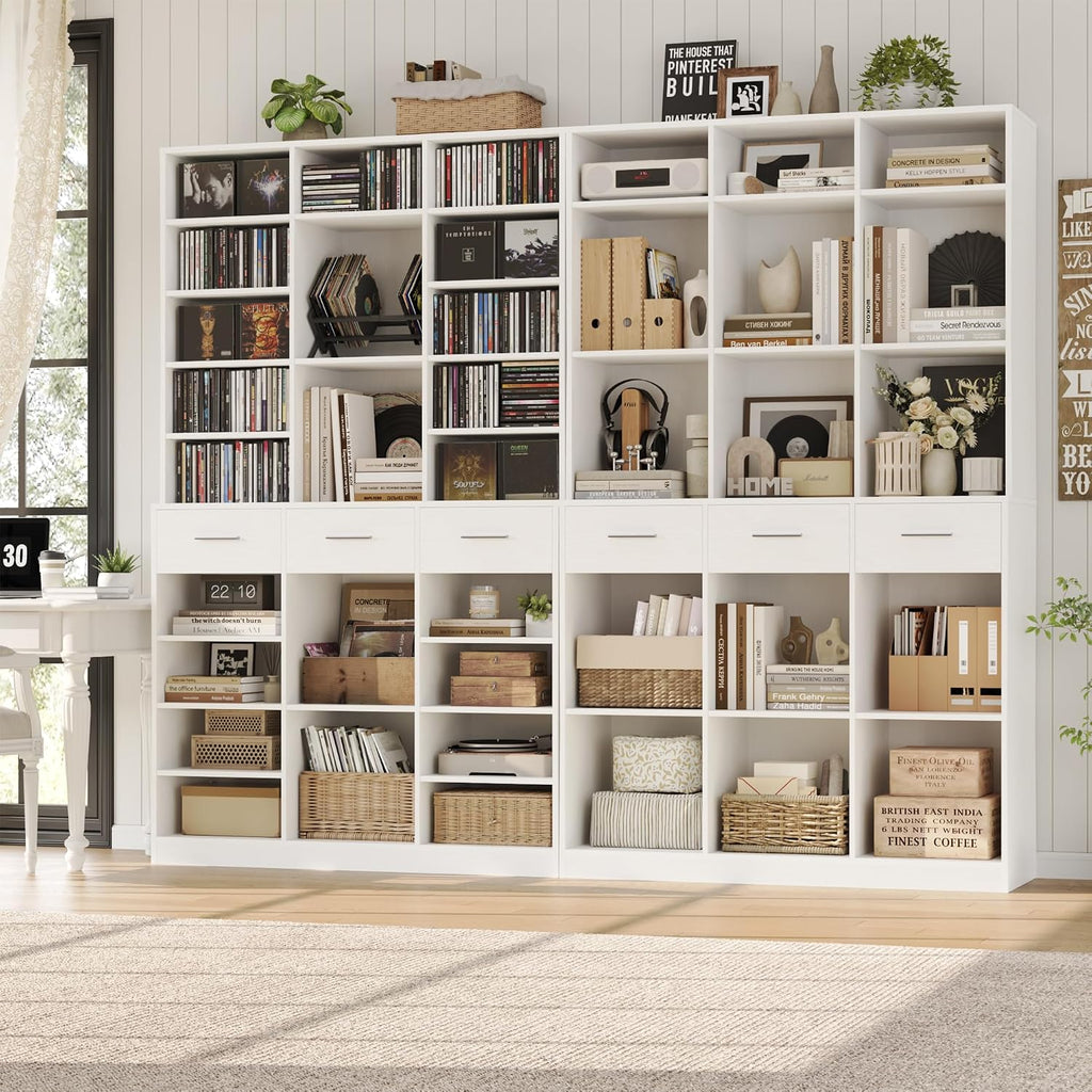 HOSTACK 75' Tall Book Shelf and Bookcase, 47' Wide Bookshelf with Drawers, Modern 9 Tier Bookcase with Storage, Large Wood Display Cabinet with Adjustable Shelves for Living Room, Home Office, White