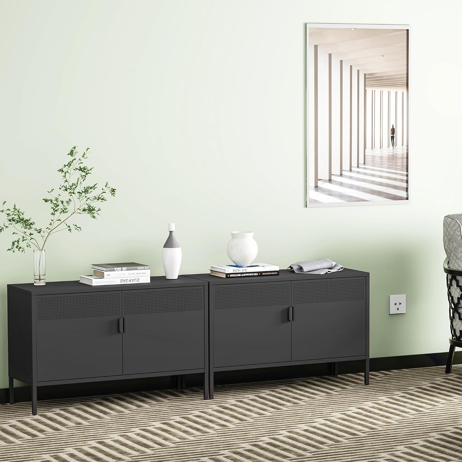 Chshin Metal Storage Cabinet with Doors,Black Accent Cabinet,Metal Locker Storage Cabinets,2 Door TV Media Stand with Removable Shelves for,Home,Office,Entryway,Living Room