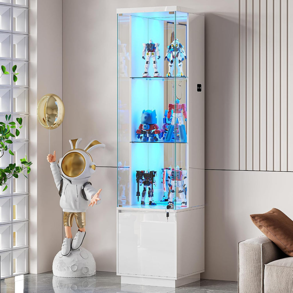 Lvifur Lockable Curio Display Cabinet with Glass Door,65' Lighted Curio Cabinet with 3 Color Lights for Collectibles,3-Tier Glass Display Case with Human Body Sensor for Living Room,White