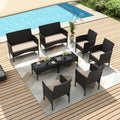 Gotland 8 Pieces Patio Furniture Set, Wicker Outdoor Furniture with 4 Chairs 2 Loveseats 2 Glass Coffee Tables, Weather-Resistant Patio Set, Conversation Set for Backyard Pool Porch Khaki