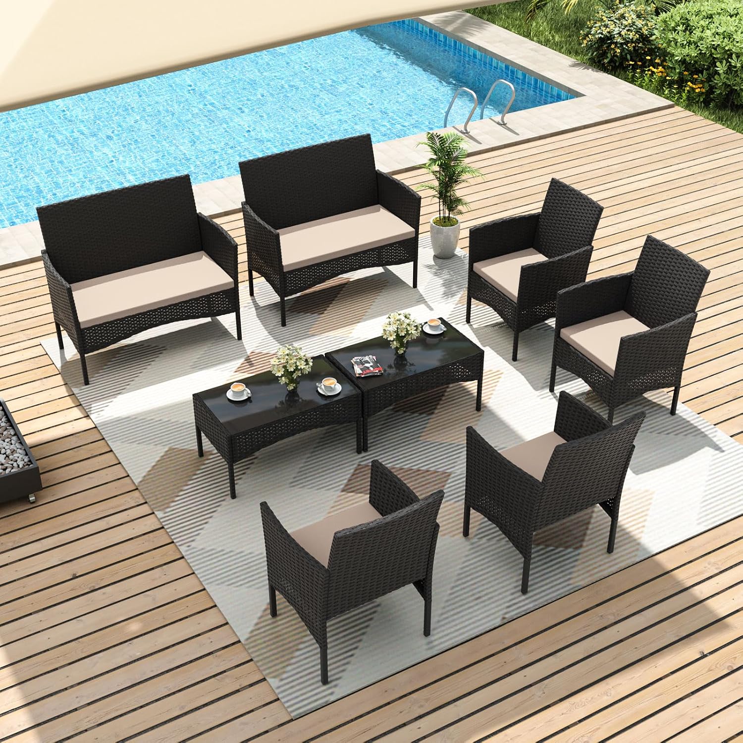 Gotland 8 Pieces Patio Furniture Set, Wicker Outdoor Furniture with 4 Chairs 2 Loveseats 2 Glass Coffee Tables, Weather-Resistant Patio Set, Conversation Set for Backyard Pool Porch Khaki