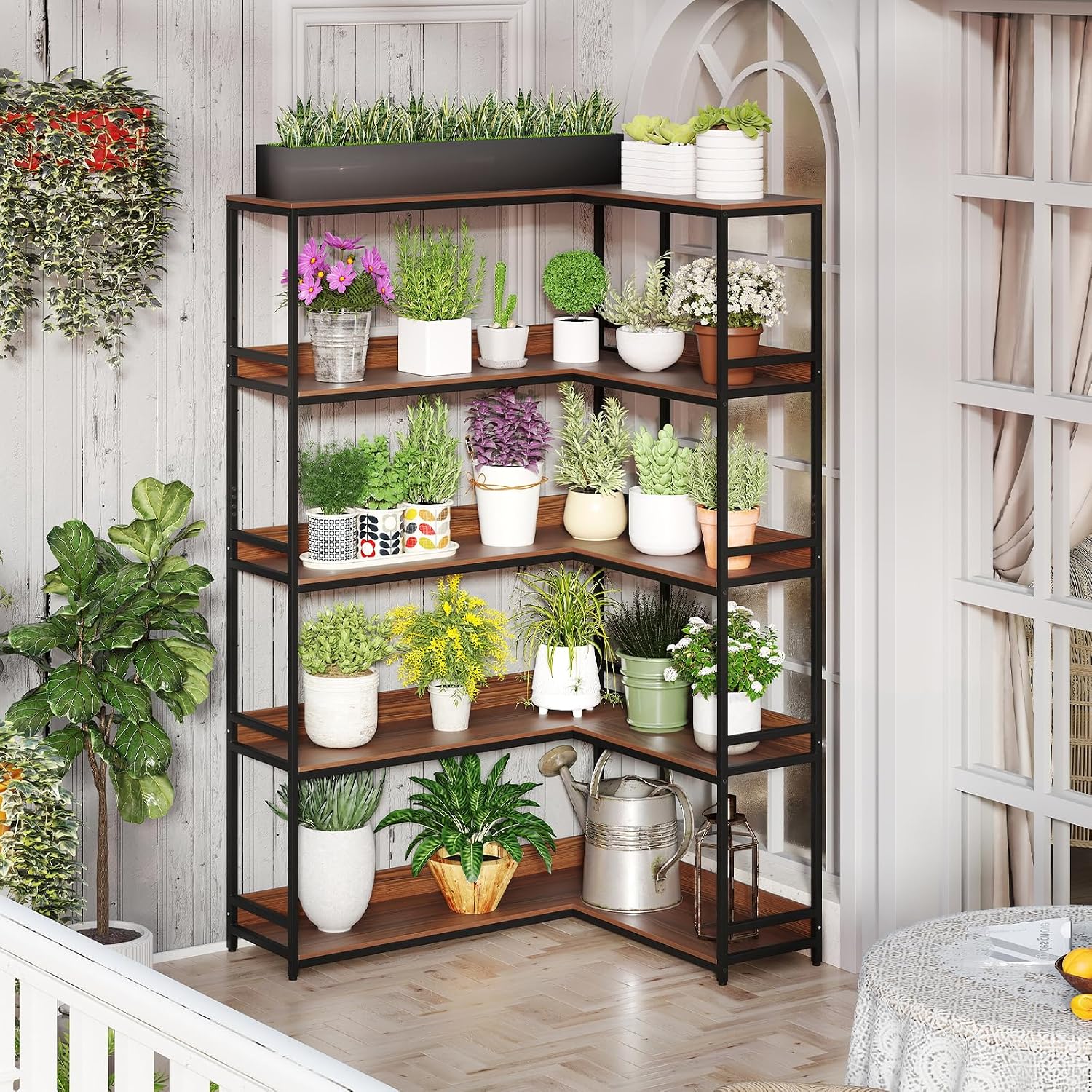 Giantex 5-Tier Corner Bookshelf, 71' L-Shaped Bookcase, Tall Etagere Bookshelf with Metal Frame, Industrial Open Display Shelf, Vertical Storage Rack for Living Room, Study, Office (Walnut)