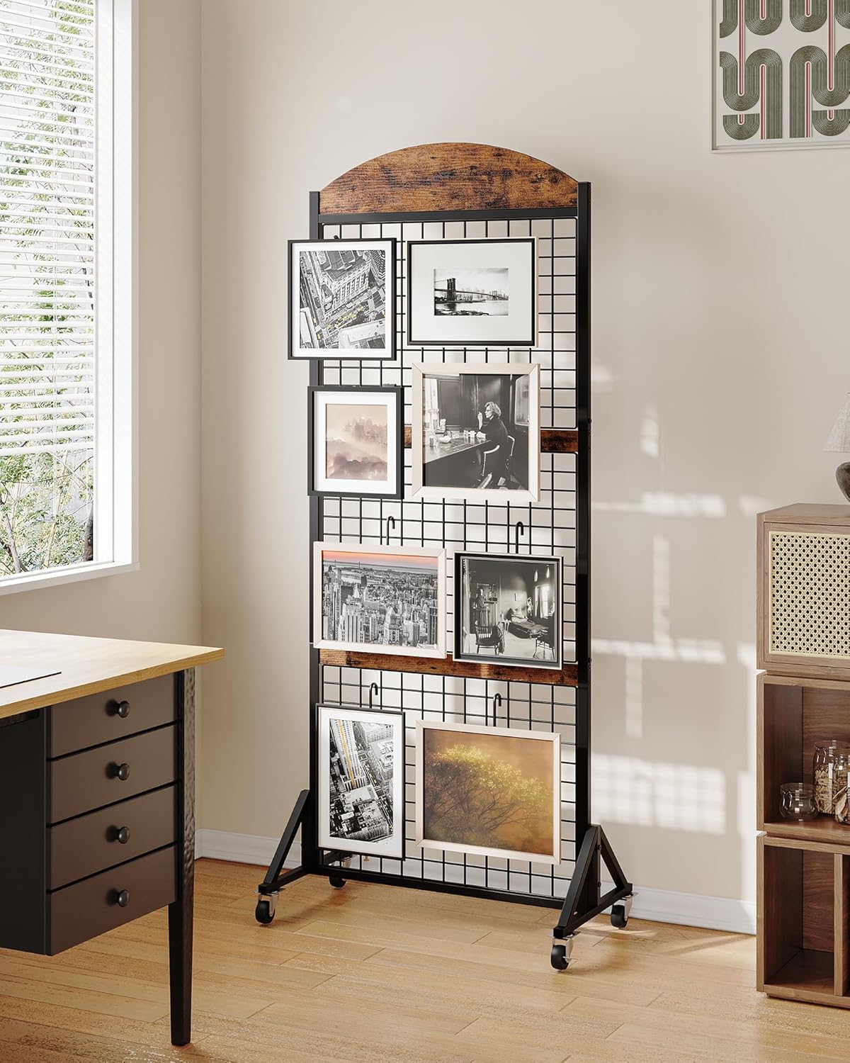 CHOEZON Grid Wall Panel 5.7' x 2' FT Grid Display Rack, 2 Pack Movable Gridwall Display Stand with 8 S-Shaped Hooks and 8 Garment Hooks, Floorstanding Wire Grid Rack, Rustic Brown and Black TCJ17P2BF