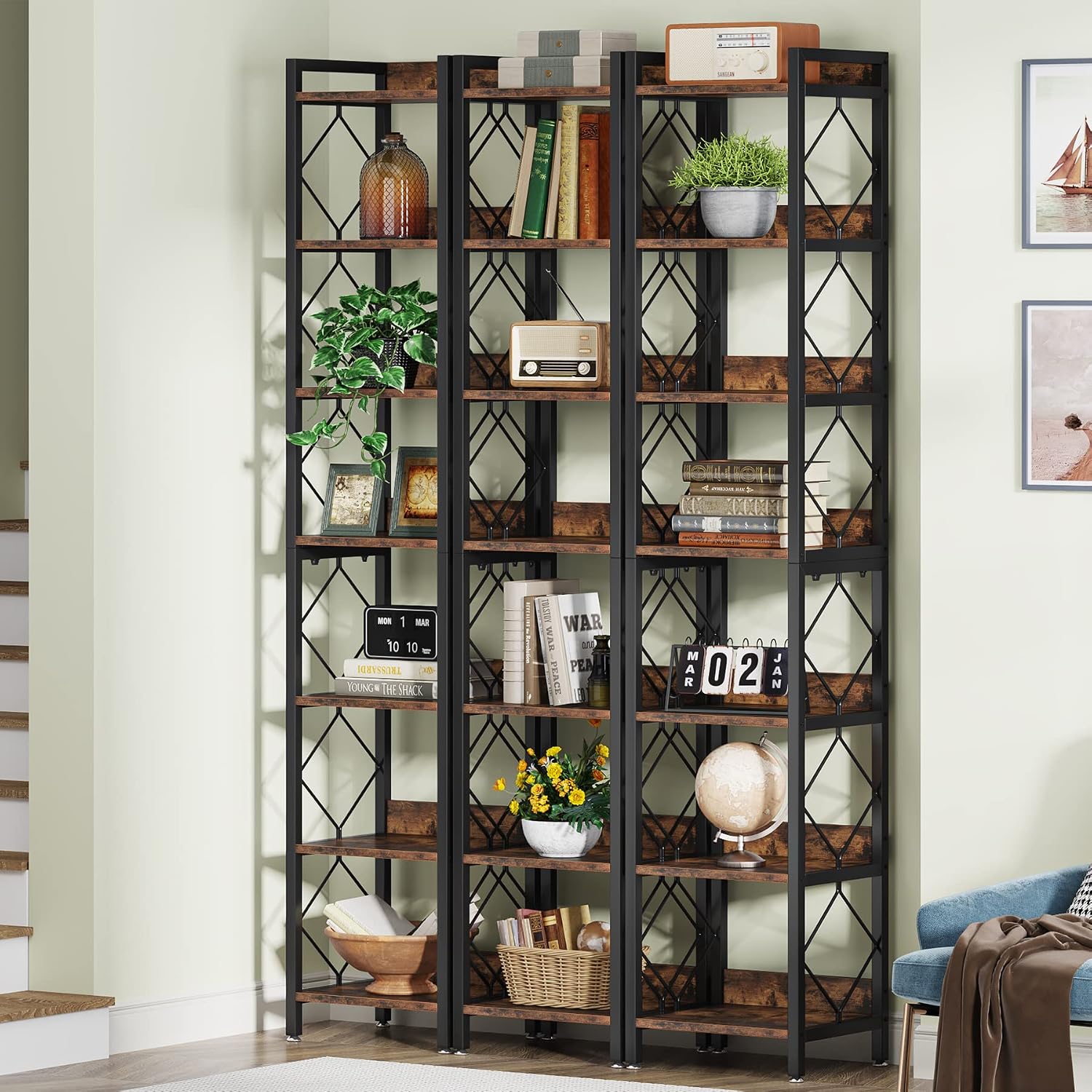 Tribesigns 78.7 Inch Extra Tall Narrow Bookshelf Set of 2, 7 Tier Skinny Bookcase for Small Spaces, Freestanding Display Shelves, Multifunctional Corner Storage Organizer for Home Office, Rustic Brown
