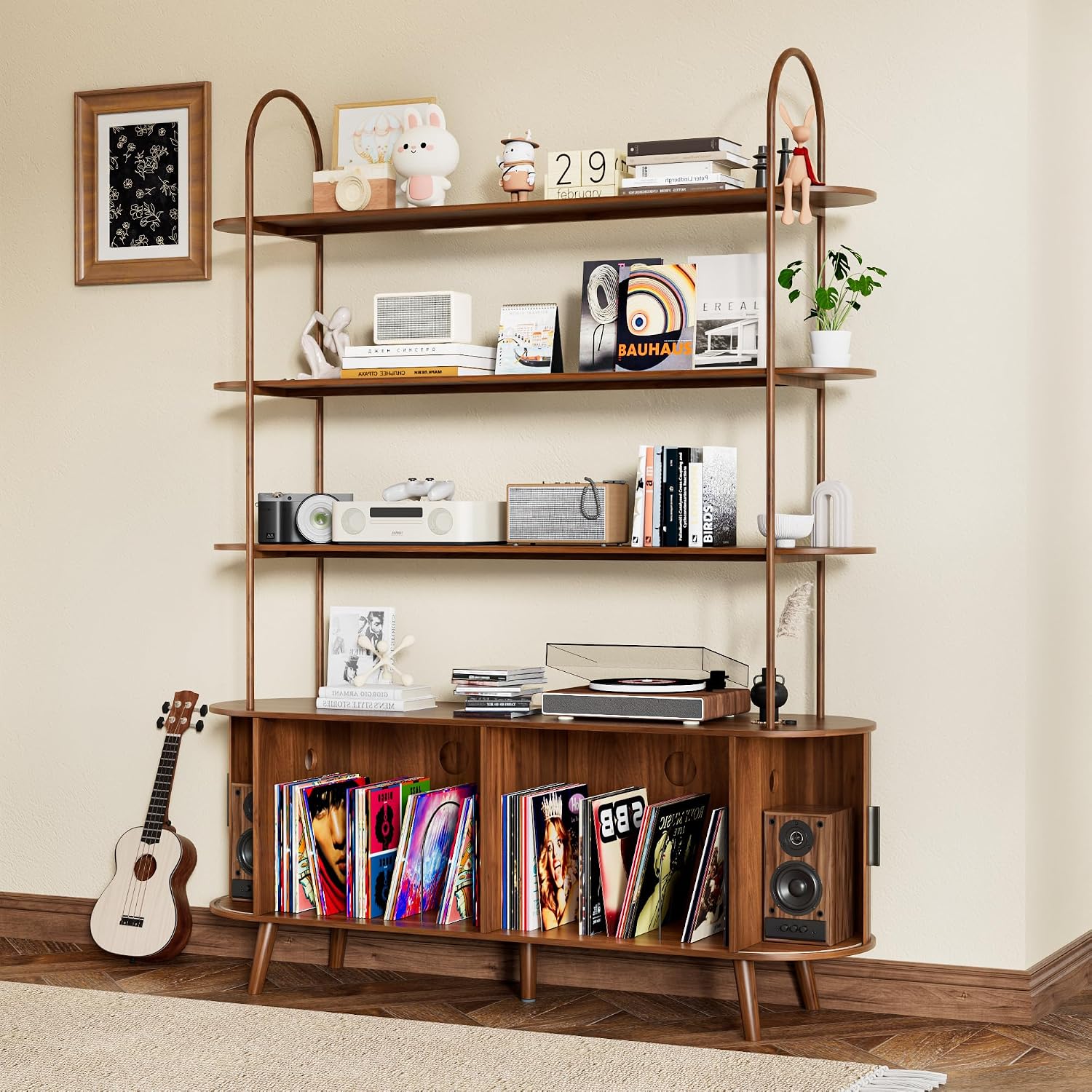 Tall Large Vinyl Record Player Stand, Fluted Long Record Storage Cabinet with Sliding Doors, Mid Century Modern Bookshelf, 4 Tier Media Display Shelf, Arched Turntable Stand for Living Room, Walnut