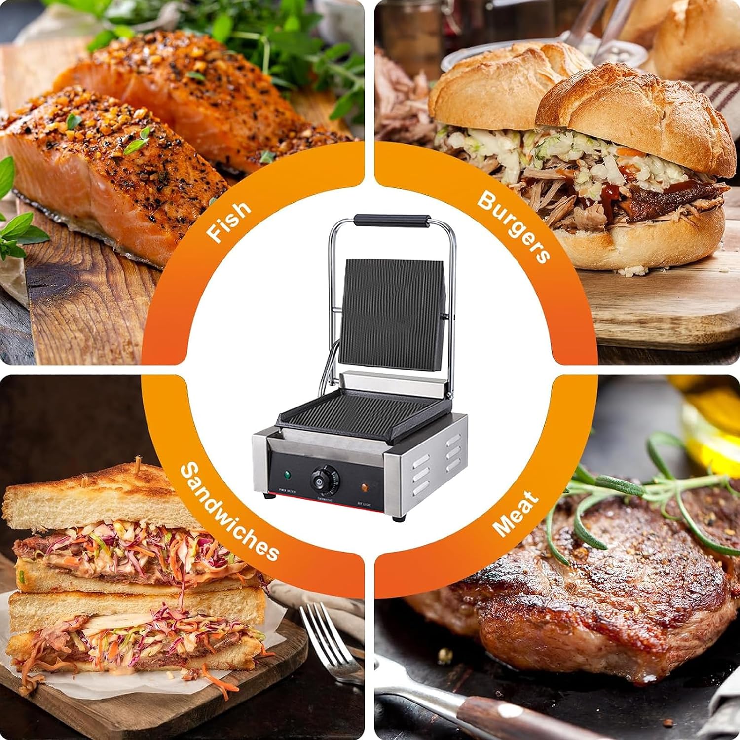 Commercial Panini Press with Grooved Grill, Sandwich Maker Machine, Electric Contact Grill Single, 1800W/3600W Indoor Grill, for Steaks,813A-110V