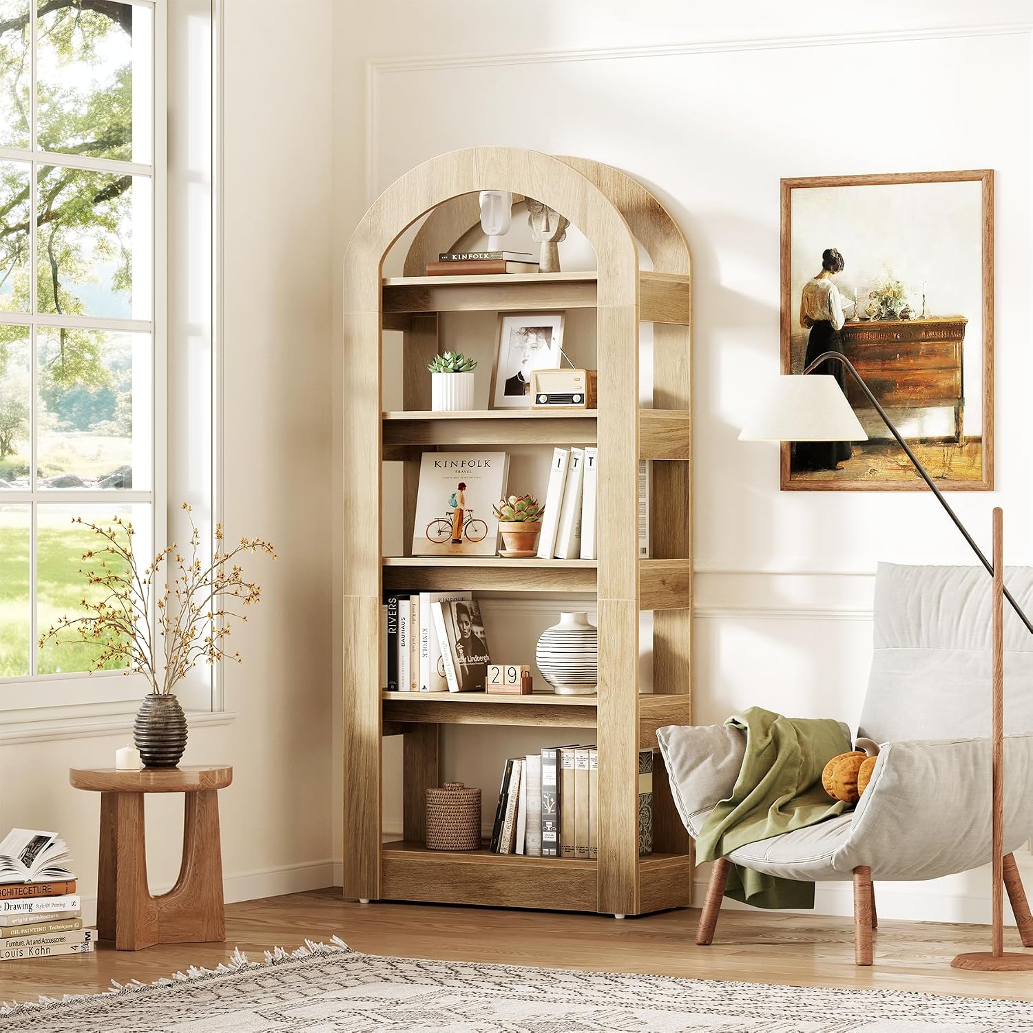 LITTLE TREE 5-Tier Bookshelf, Arch-Shaped Racks, Tall Standing Wooden Bookcase Display Shelf Modern Storage Solution (1, Teak Color)