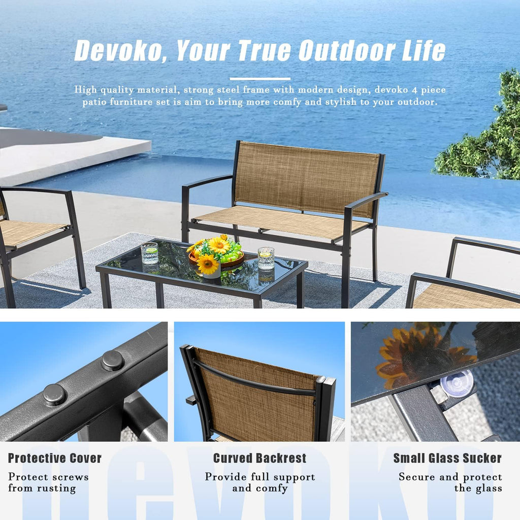 Devoko 4 Pieces Patio Furniture Set Outdoor Garden Patio Conversation Sets Poolside Lawn Chairs with Glass Coffee Table Porch Furniture (Yellow)