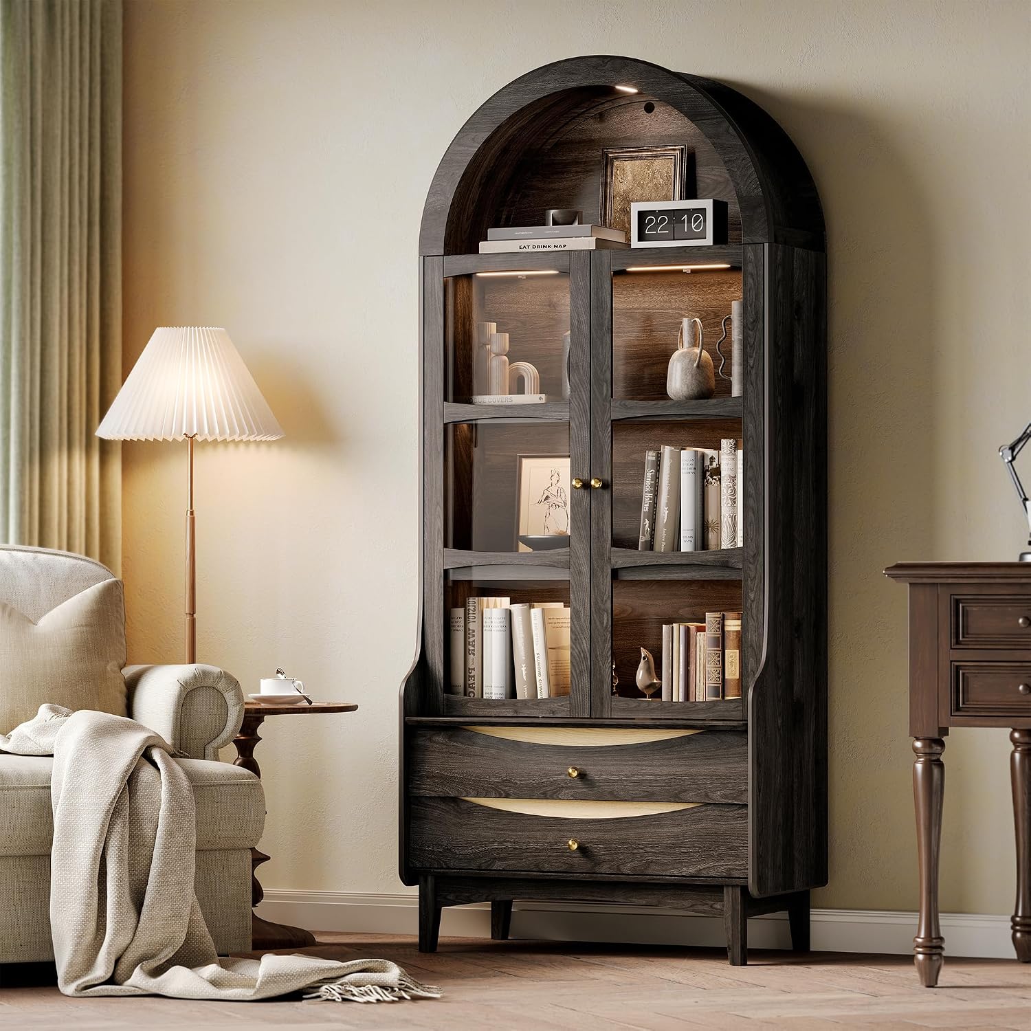 STO'SENSE 74' Tall Arched Bookshelf with LED Lights,4-Tier Modern Farmhouse Arched Bookcase with Glass Doors and Shelves,Wooden Display Cabinet with 2 Drawers for Living Room, Dining Room (Black)