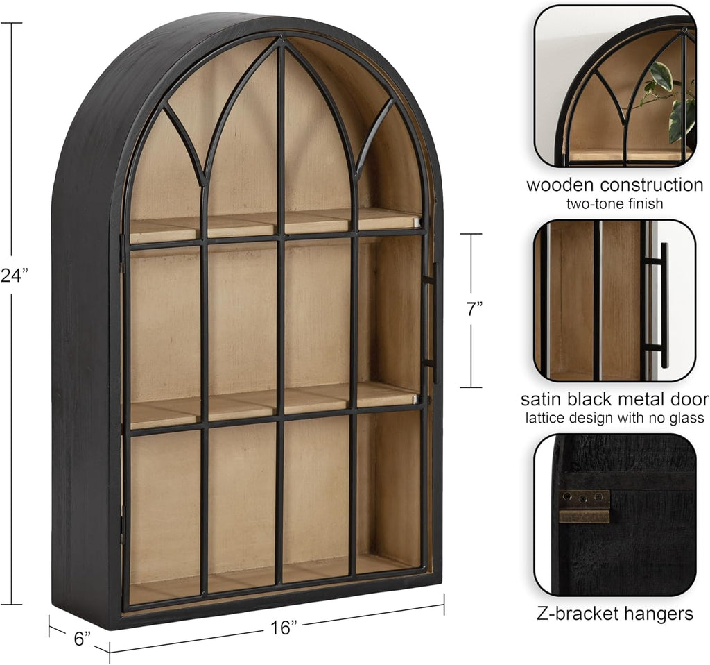 Kate and Laurel Megara Decorative Wooden Hanging Arched Wall Cabinet with Door for Open Storage; 16 x 6 x 24; Black and Natural Wood; Wooden Floating Wall Bathroom Cabinet for Above Toilet Storage