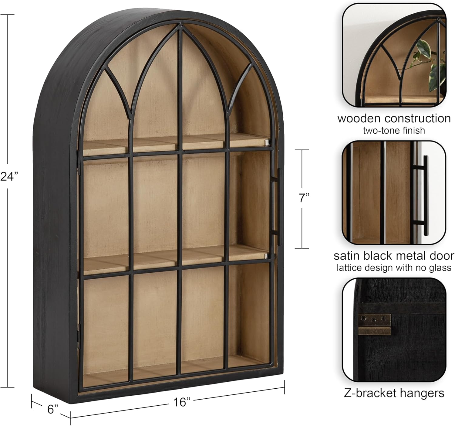 Kate and Laurel Megara Decorative Wooden Hanging Arched Wall Cabinet with Door for Open Storage; 16 x 6 x 24; Black and Natural Wood; Wooden Floating Wall Bathroom Cabinet for Above Toilet Storage