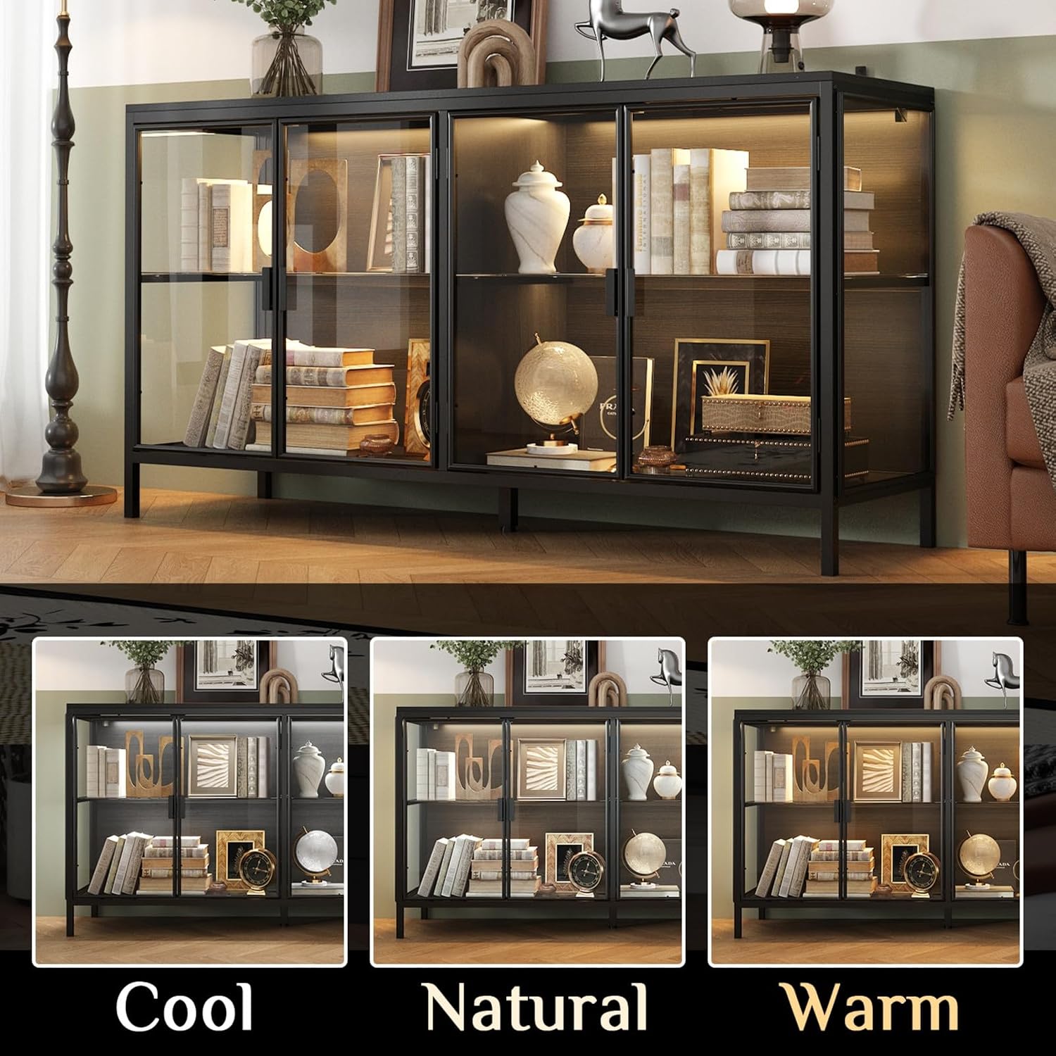 Display Cabinet with Glass Doors & LED Lights, Sideboard Buffet Cabinet with Glass Shelves & Metal Frame, for Living Room Black, 55.1'W x 15.7'D x 29.5'H