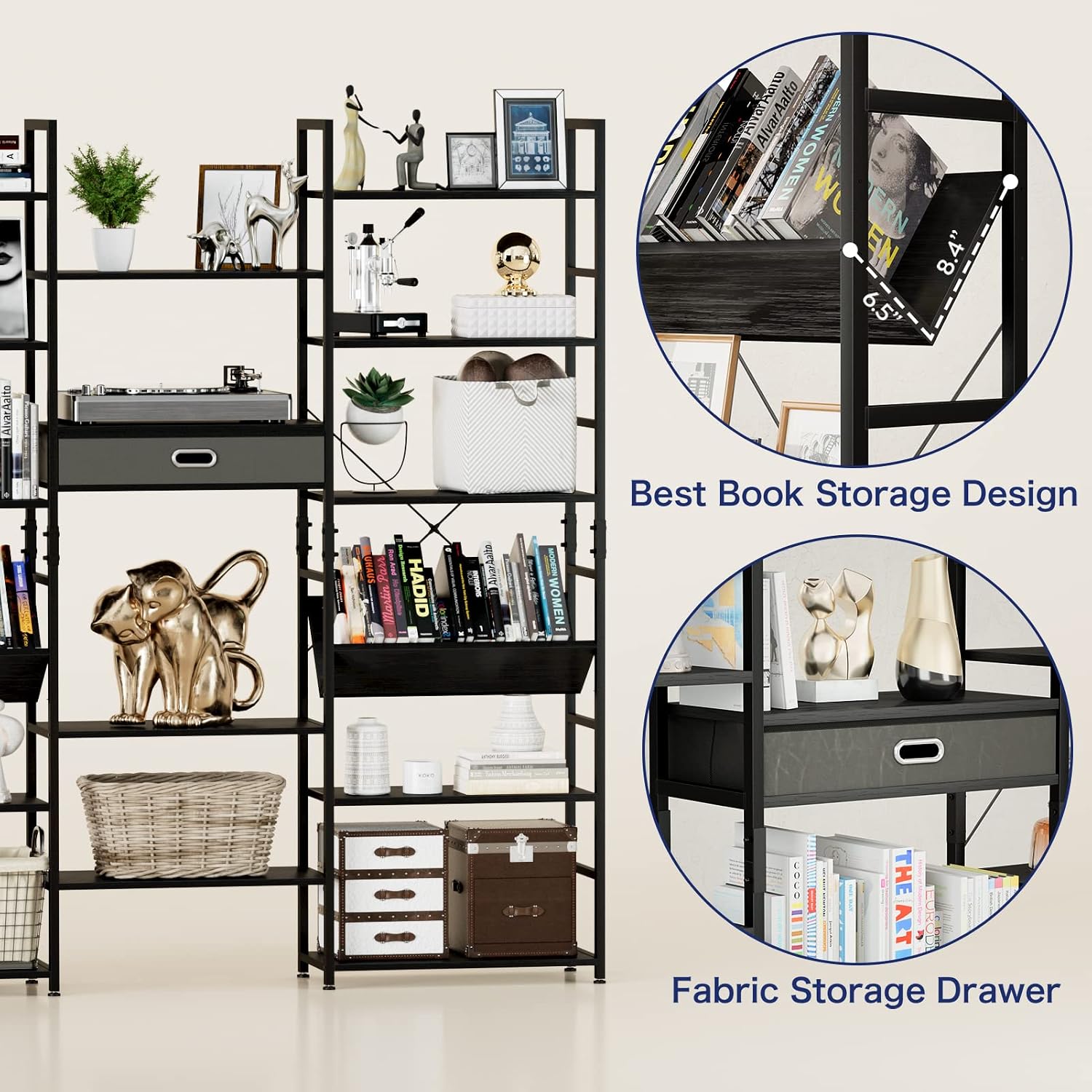 NUMENN Triple Wide 6 Tier Bookshelf, Adjustable Rustic Industrial Style Book Shelves, Modern Bookcases and Bookshelves Furniture for Bedroom, Living Room and Home Office, Black