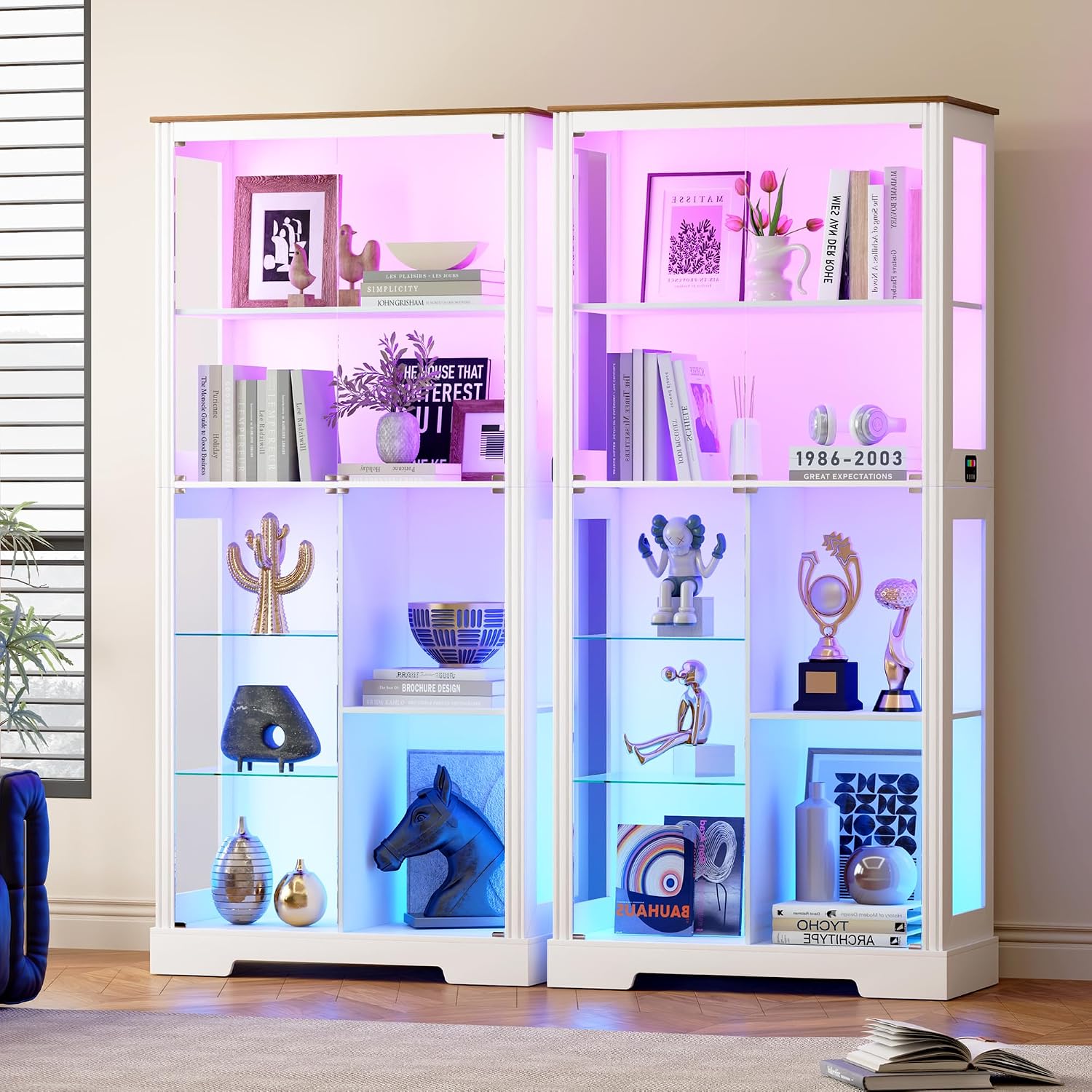 HNEBC Glass Display Cabinet with RGB Lights, 71'' Curio Cabinet with Glass Doors, 5-Tier Display Cases and Human Sensor, Bookcases for Collectibles, Books,Toys, White