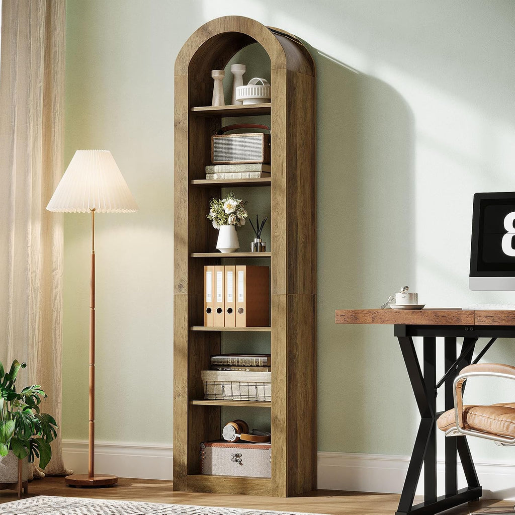 Tribesigns 74.8' Tall Arched Bookshelf, 6-Tier Narrow Open Bookcase, Floor Standing Corner Display Shelves Storage Organizer for Small Space, Home Office, Living Room (Rustic Brown, 2 PCS)