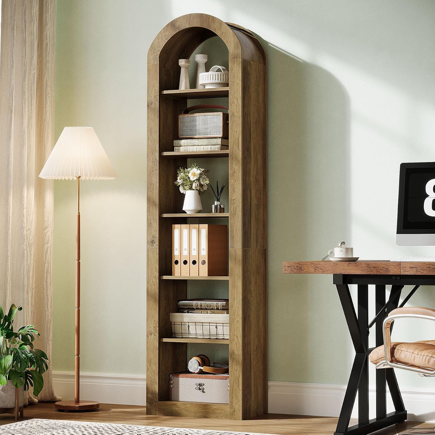 Tribesigns 74.8' Tall Arched Bookshelf, 6-Tier Narrow Open Bookcase, Floor Standing Corner Display Shelves Storage Organizer for Small Space, Home Office, Living Room (Rustic Brown, 1 PC)