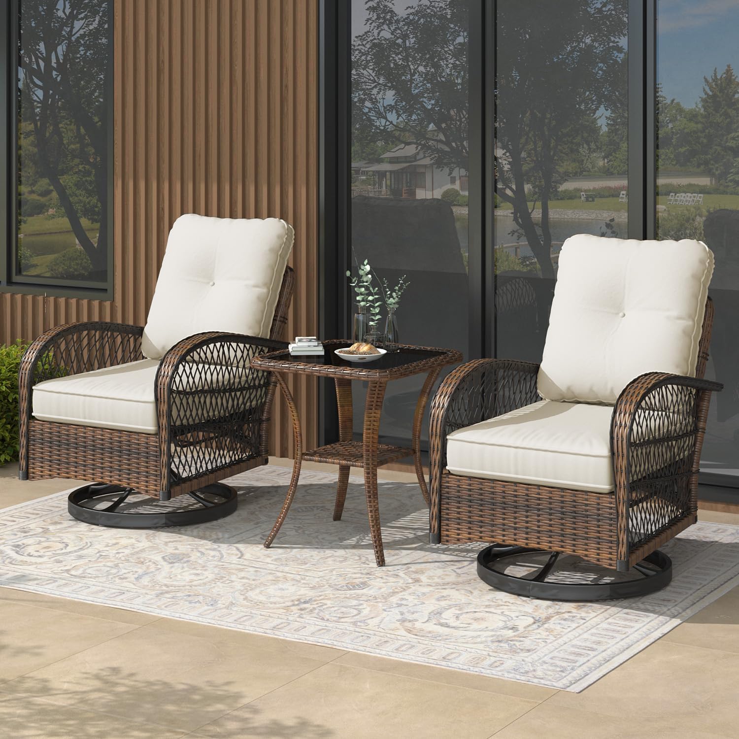 EROMMY 3 Pieces Patio Furniture Set, Outdoor Swivel Rocker Patio Chairs, Wicker Patio Bistro Set with Rocking Chair, Thickened Cushions and Glass Coffee Table for Backyard, Garden, Beige