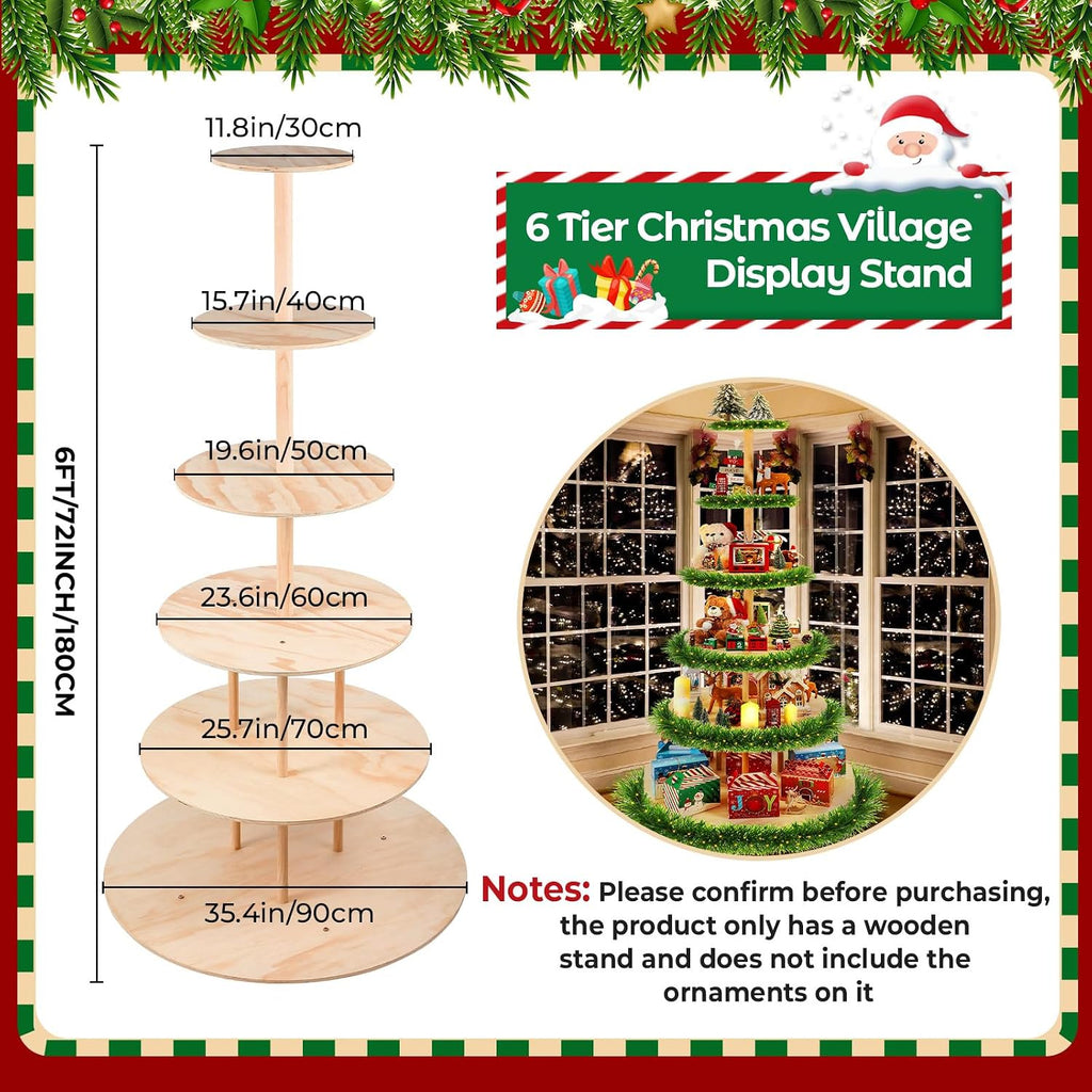 DoubleFill 6 Tier 72 Inch Christmas Tree Village Stand Christmas Bookshelf Display Supply Large Xmas Ornament Displays Tree Stands Xmas Wooden Display Trees Stand for Holiday Displays(Circle)