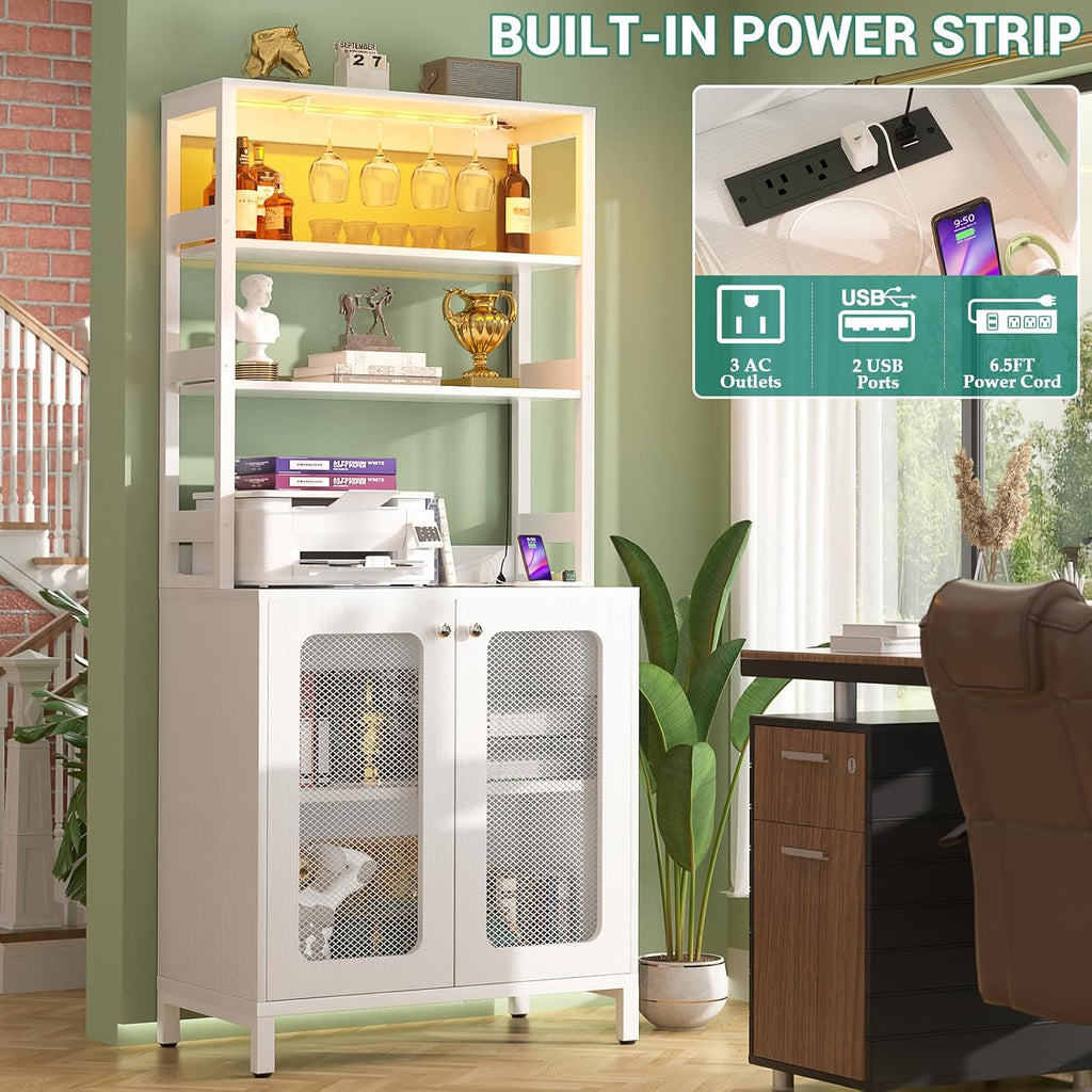 Aheaplus Bar Cabinet with Power Outlets, 67' Tall Wine Bar Cabinet Liquor Cabinet with LED Lights and Glass Holder, Coffee Bar Station for Living Room, Microwave Stand Bakers Rack Cabinet, White