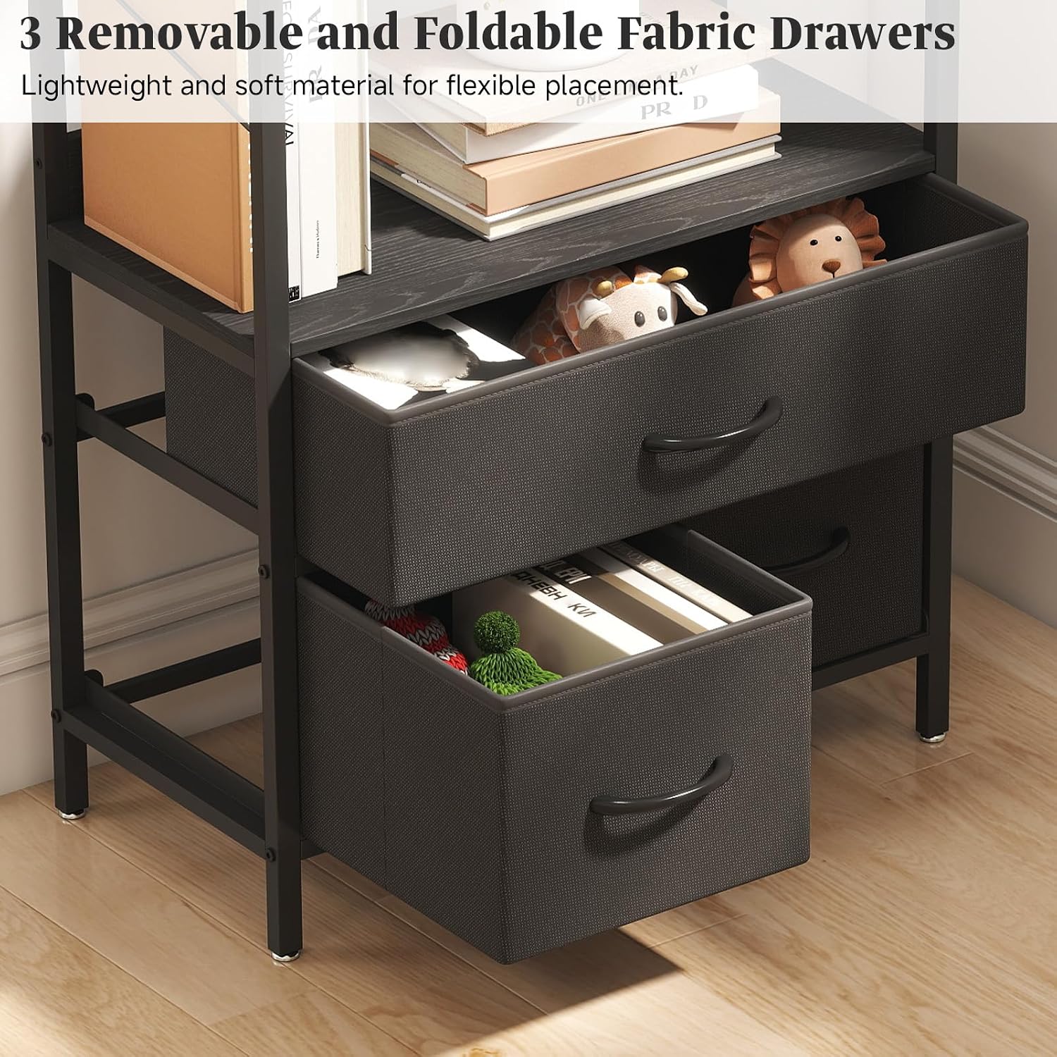 Turosur 83.4' Tall Narrow Bookshelf with 3 Drawers, Arched Bookcase with LED Lignts, 6-Tier Open Bookshelf with Metal Frame, Black