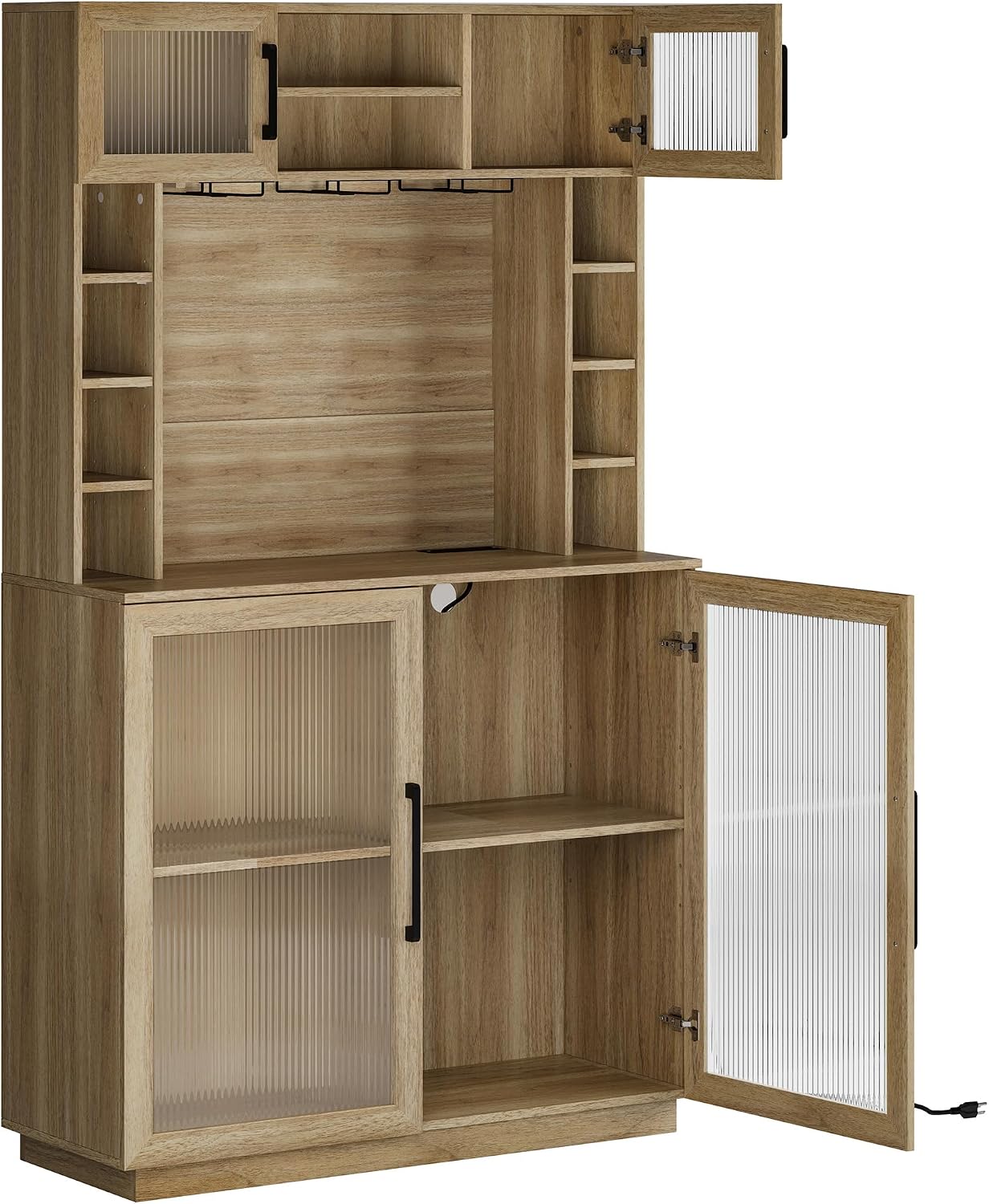 BELLEZE Coffee Wine Bar Cabinet with Power Outlet, 72' Rustic Liquor Cabinet, Fluted Buffet Cabinet with Storage Kitchen Pantry Cupboard Wine & Glasses Rack Server with Hutch for Dining Room - Camel