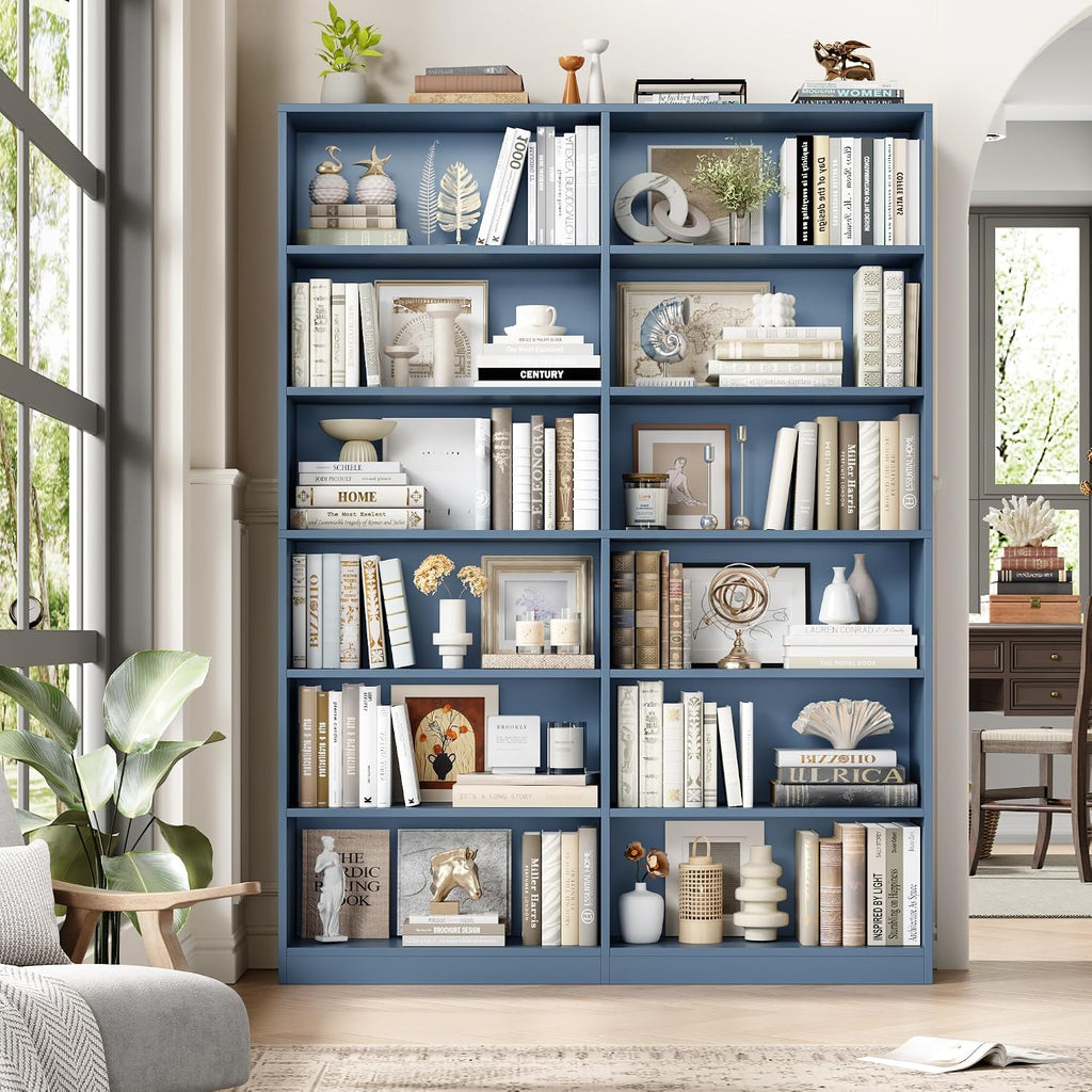 FACBOTALL Bookshelf and Bookcase, 6-Tier Double Wide Bookshelves, Freestanding Display Storage Shelves, Tall Bookcases for Home Decor Bedroom, Living Room, Home Office, Blue