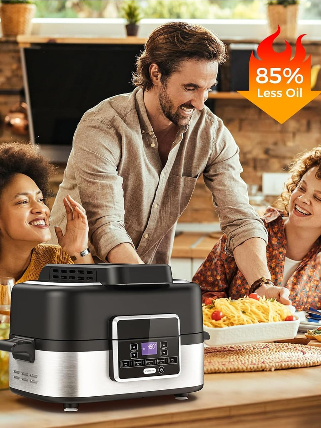 Electactic Smokeless Indoor Grill with Air Fry, Electric Grill with 5 Cooking Modes, 5QT Capacity, Adjustable Time & Temperature, LCD Displays