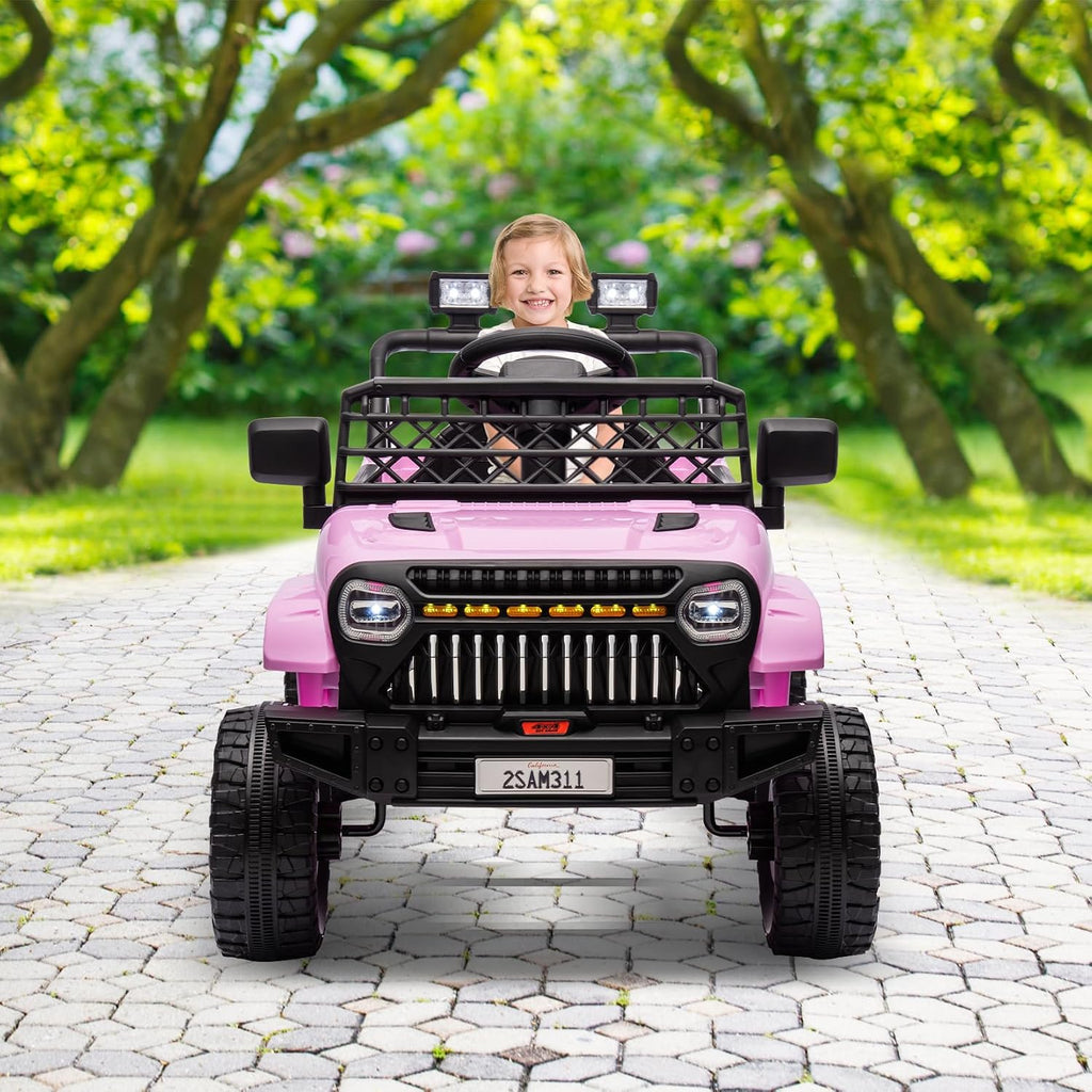 12V Ride On Car for Kids Electric Vehicle Toddlers Battery Powered Truck Car Toy with Remote Control, 4-Wheel Suspension, Battery Display, LED Lights, Music, for Boys Girls, Pink