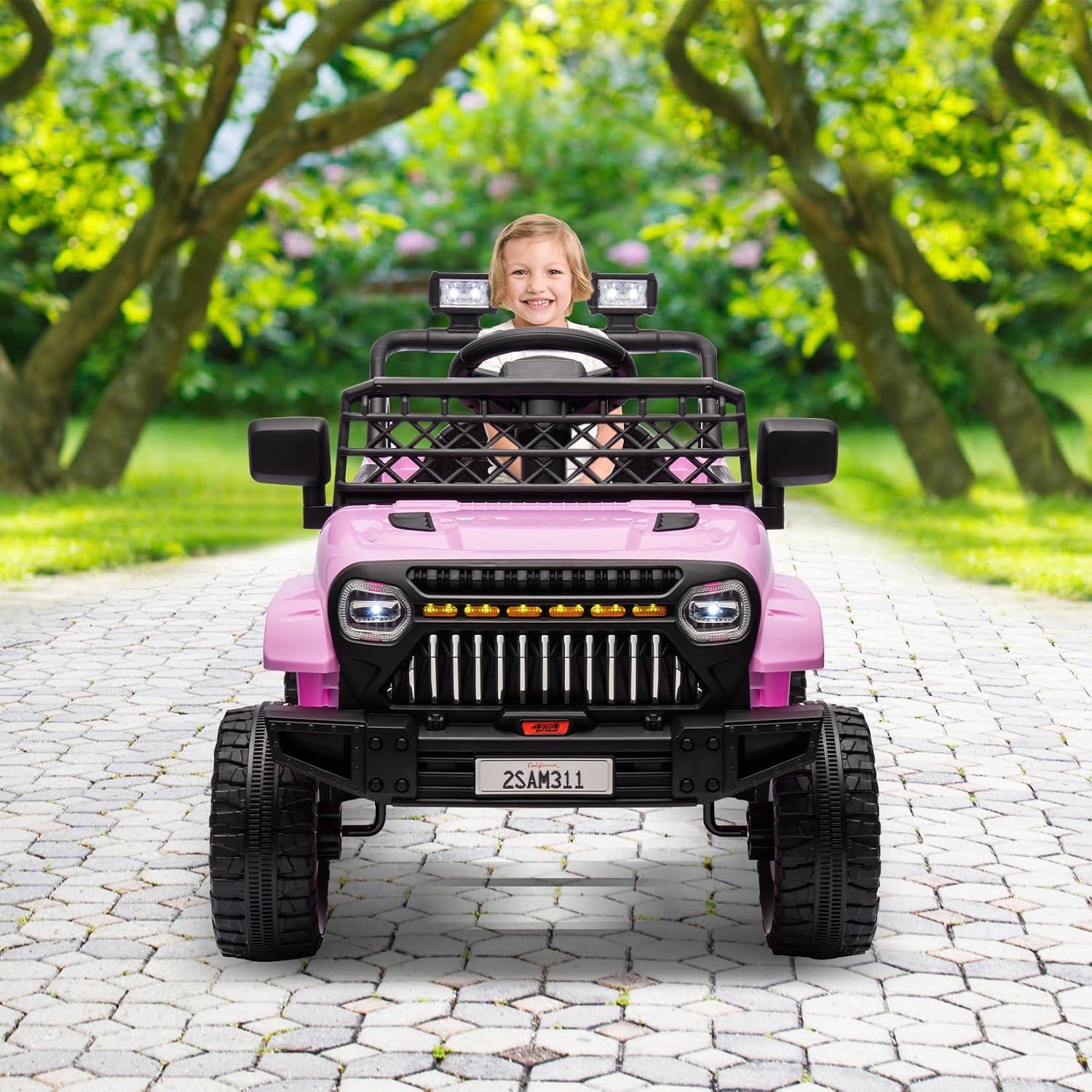 12V Ride On Car for Kids Electric Vehicle Toddlers Battery Powered Truck Car Toy with Remote Control, 4-Wheel Suspension, Battery Display, LED Lights, Music, for Boys Girls, Pink