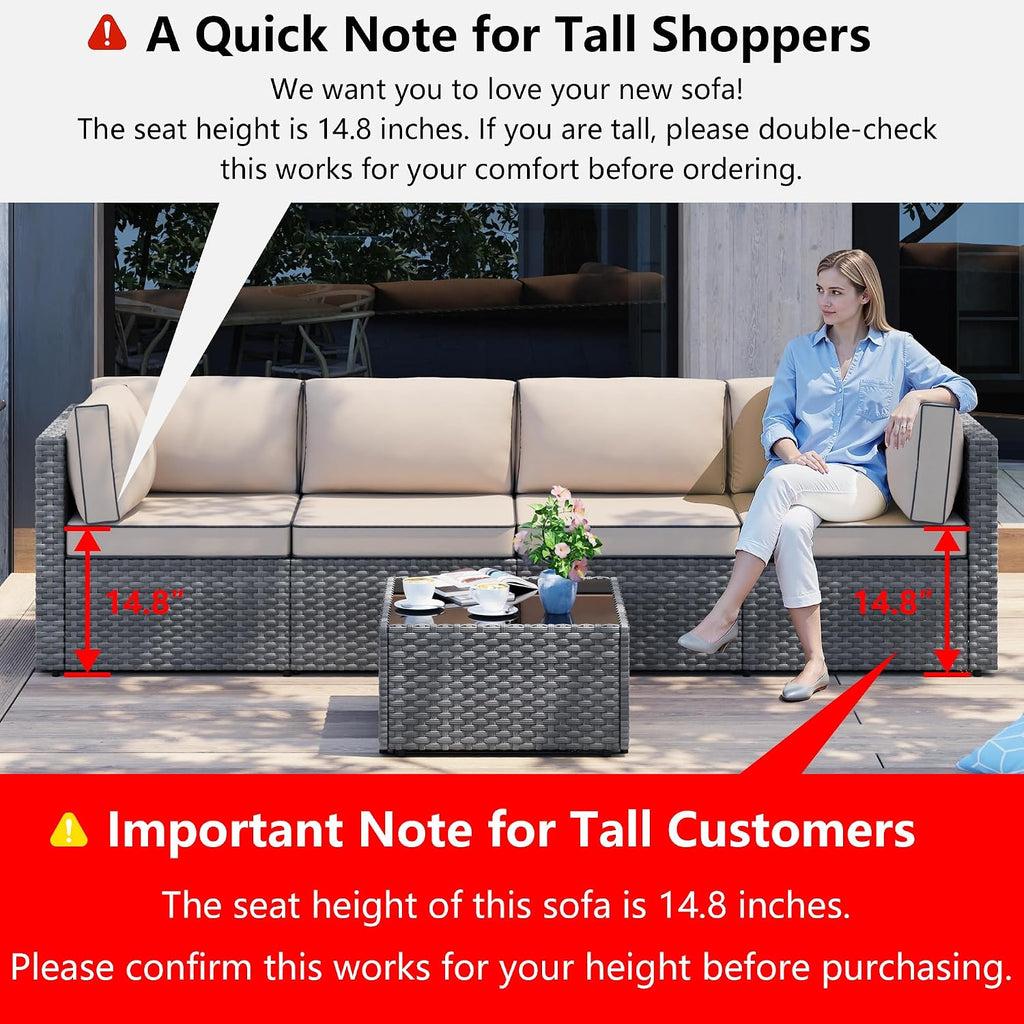 Shintenchi 5 Pieces Outdoor Patio Furniture Sets, Patio Sectional Sofa Couch, Gray PE Wicker Furniture Modular Patio Conversation Sets Patio Sofa with Washable Cushions & Table（Khaki）