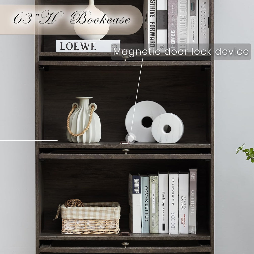 Tall Bookcase with Glass Doors, 63' H Farmhouse Glass Curio Display Cabinet with Flip up Doors, Elegant Storage Cabinet with 4-Tier Shelves, Rack for Living Room (Brown)
