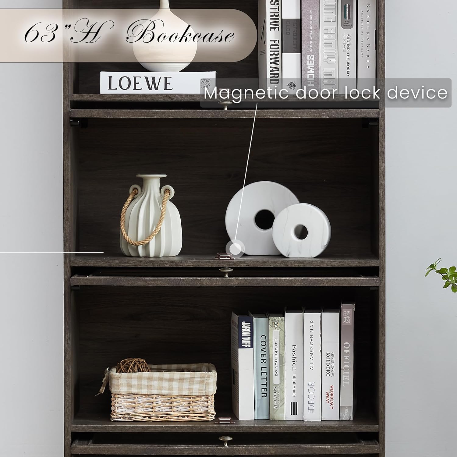 Tall Bookcase with Glass Doors, 63' H Farmhouse Glass Curio Display Cabinet with Flip up Doors, Elegant Storage Cabinet with 4-Tier Shelves, Rack for Living Room (Brown)