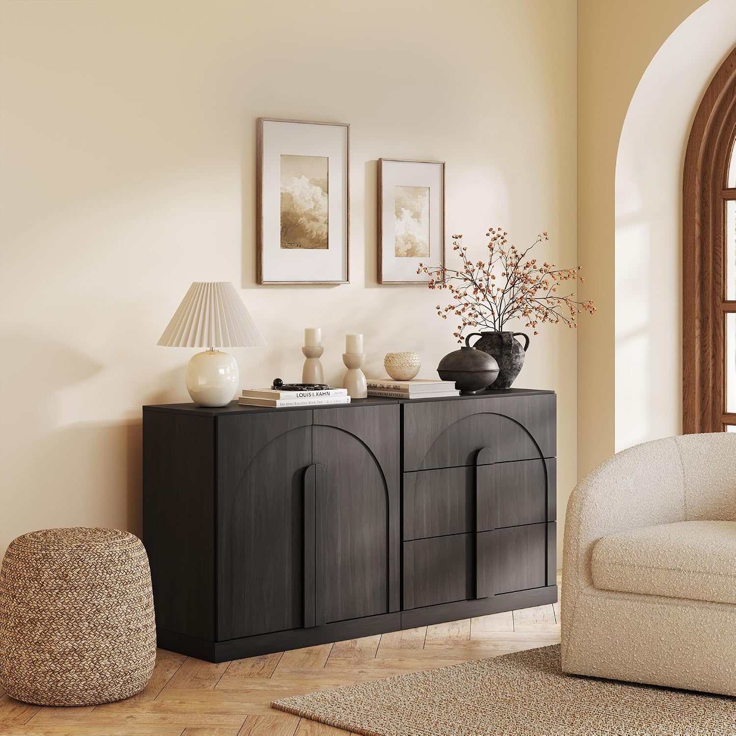 BELLEZE Modular Sideboard Cabinet with Storage, 2-Piece Modern Buffet Cabinet with Adjustable Shelf and 3 Drawers, Media Console Minimalist Credenza for Living Room Kitchen Dining Room, Ebony