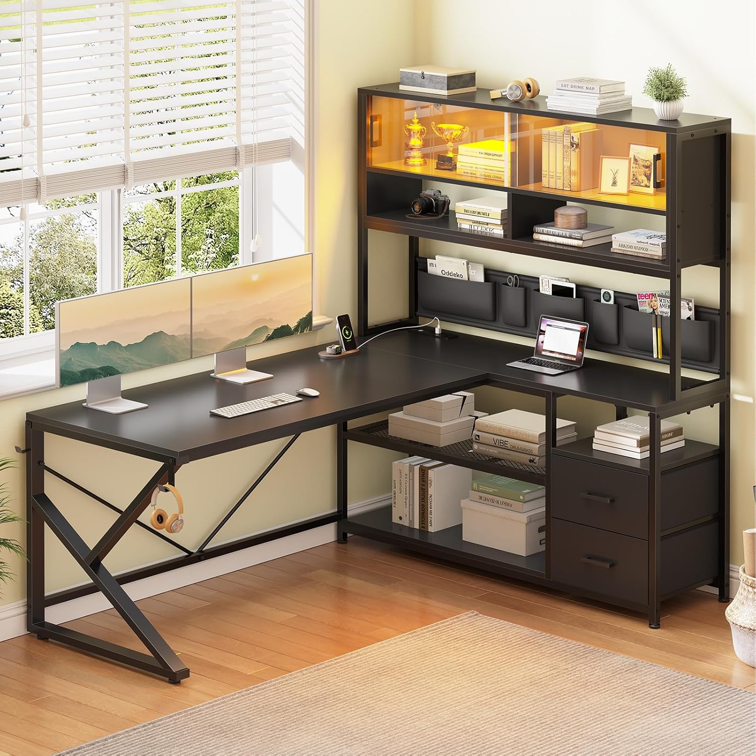SEDETA L Shaped Gaming Desk, Home Office Computer Desk with 2 Drawer and Bookshelf, L Shaped Gaming Desk with LED Light, Glass Cabinet and Storage Bag, Corner Desk with Storage Shelves, Black